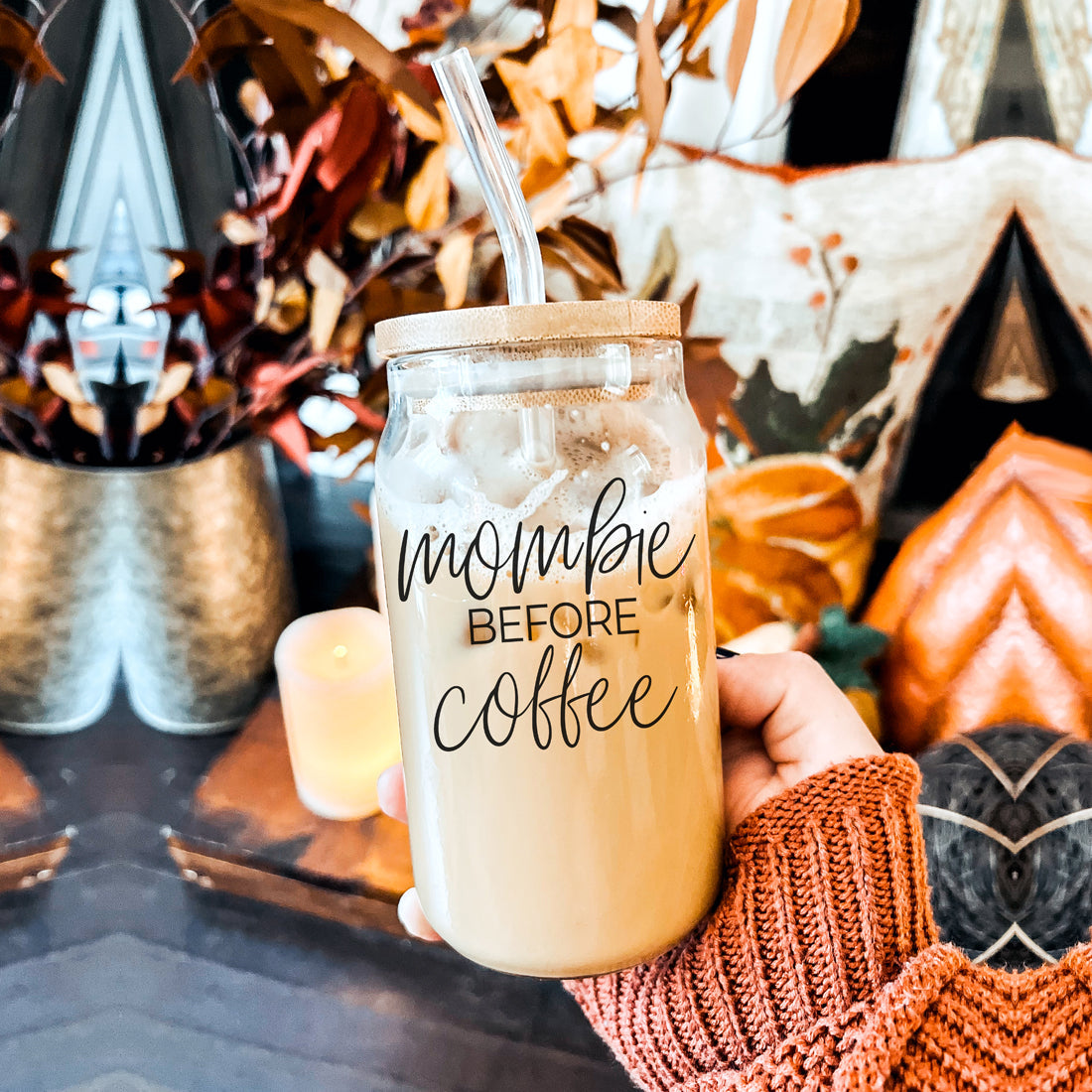 Funny mom coffee glass tumbler with straws
Mombie before coffee drinking glass set