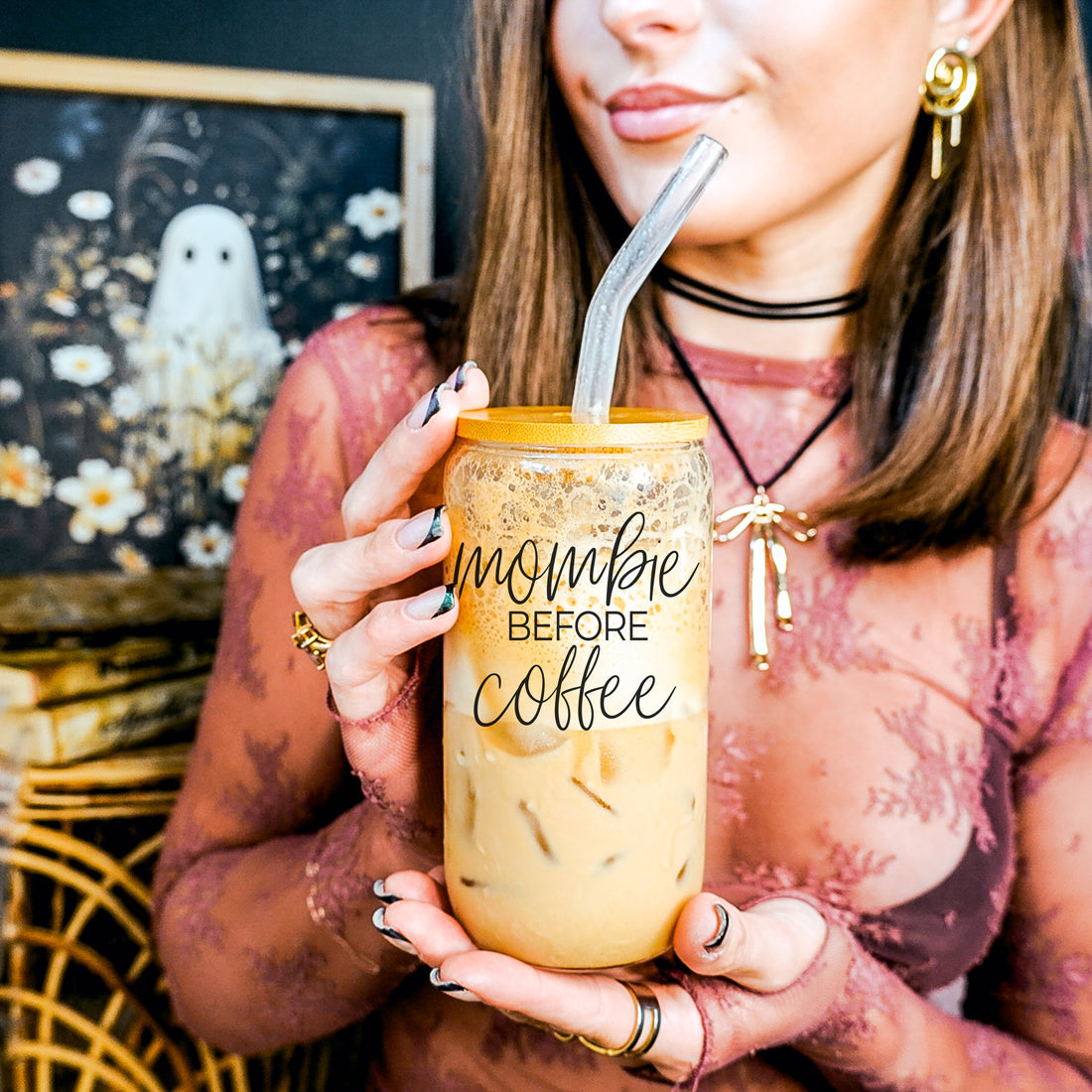 Mom humor sustainable drinkware set
mombie glass tumbler for tired moms
sleep deprived mom coffee tumbler set