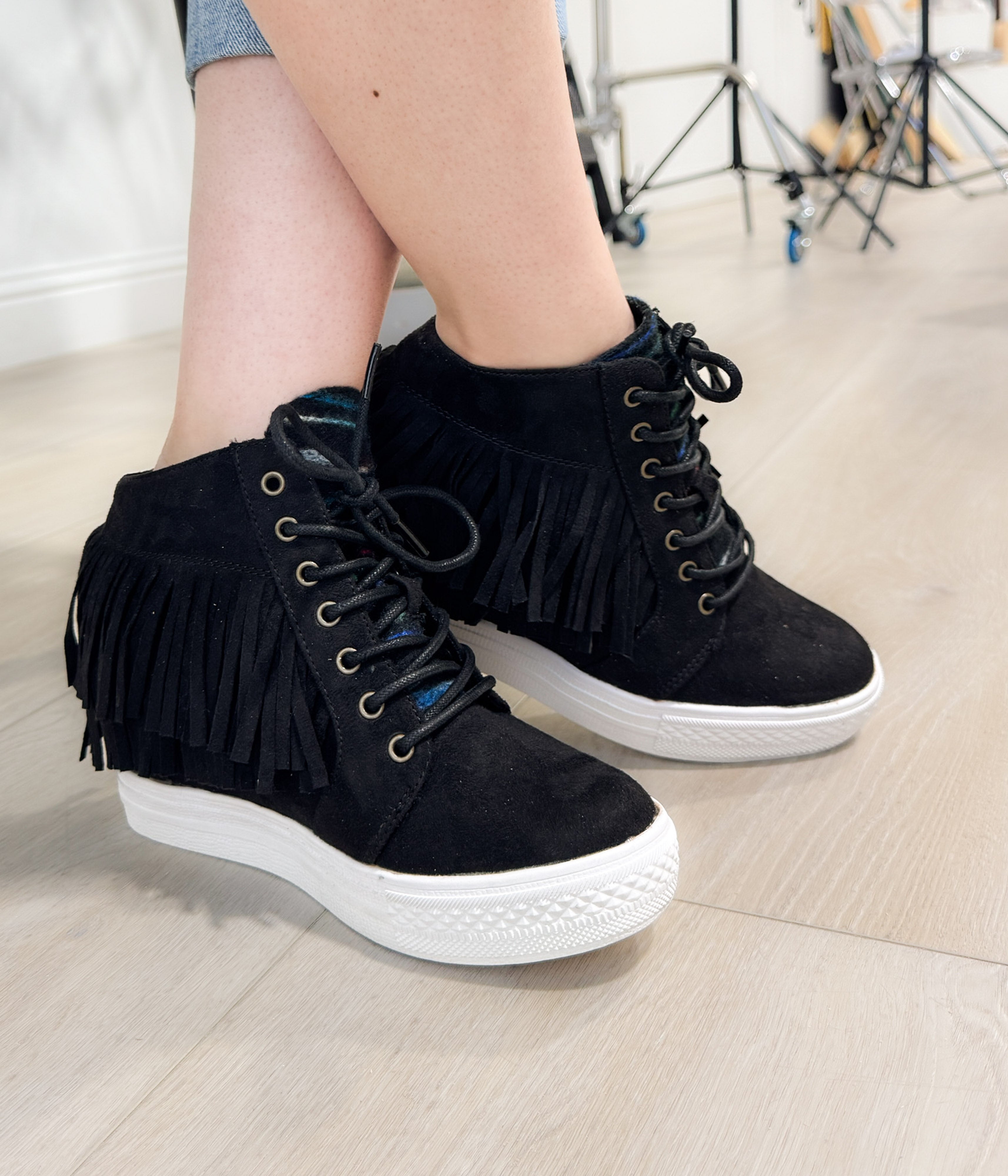 Nick Fringe Sneaker Wedge in Black