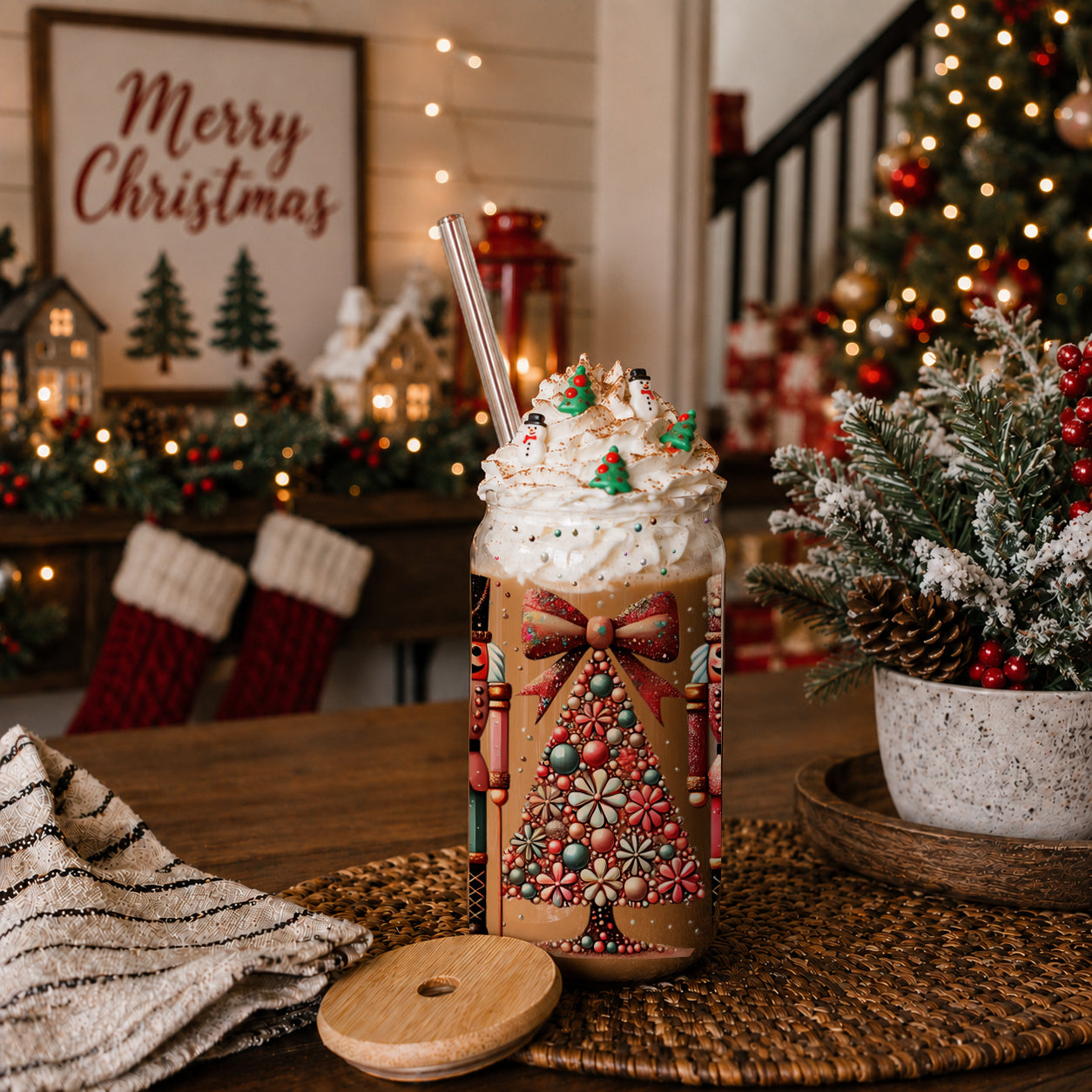 17oz Christmas coffee tumbler glass - Boho nutcracker floral holiday kitchen gifts bamboo lid straw - Pink teal design
Christmas boho style glass cup 17oz glass straw - Nutcracker floral holiday tumbler bamboo lid - Pink teal festive gift
