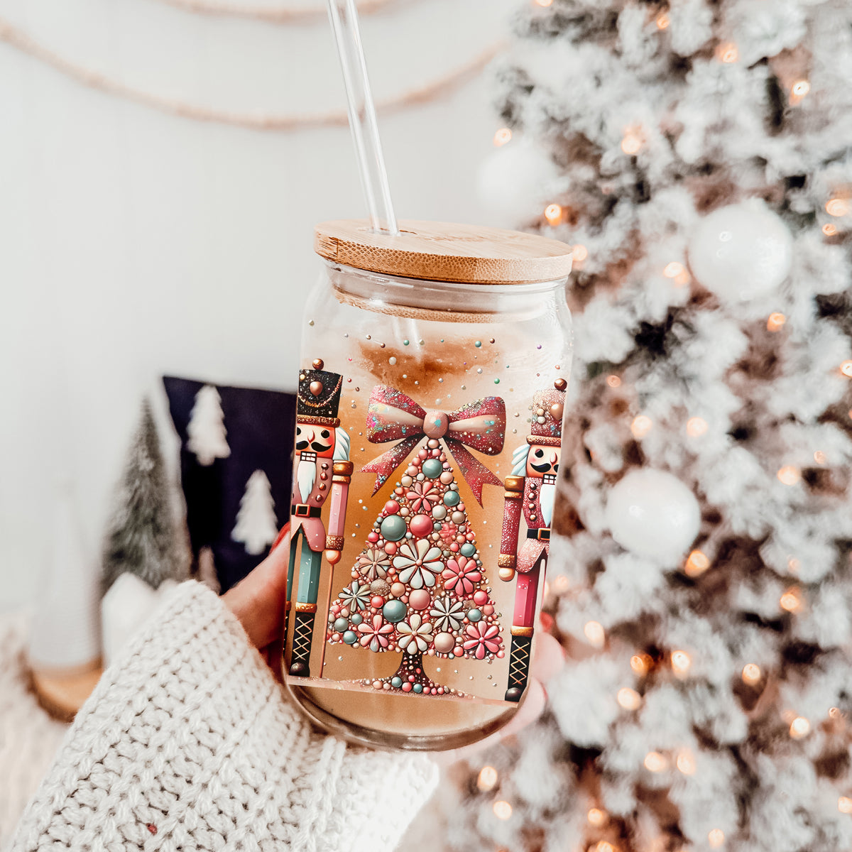 Christmas stocking stuffer idea - festive glitter tumbler with bows
Reusable glitter Christmas cup
Boho Christmas decor tumbler - glitter Nutcracker soldiers with floral holiday tree
Holiday gift tumbler - Nutcracker glass cup with pastel floral Christmas design