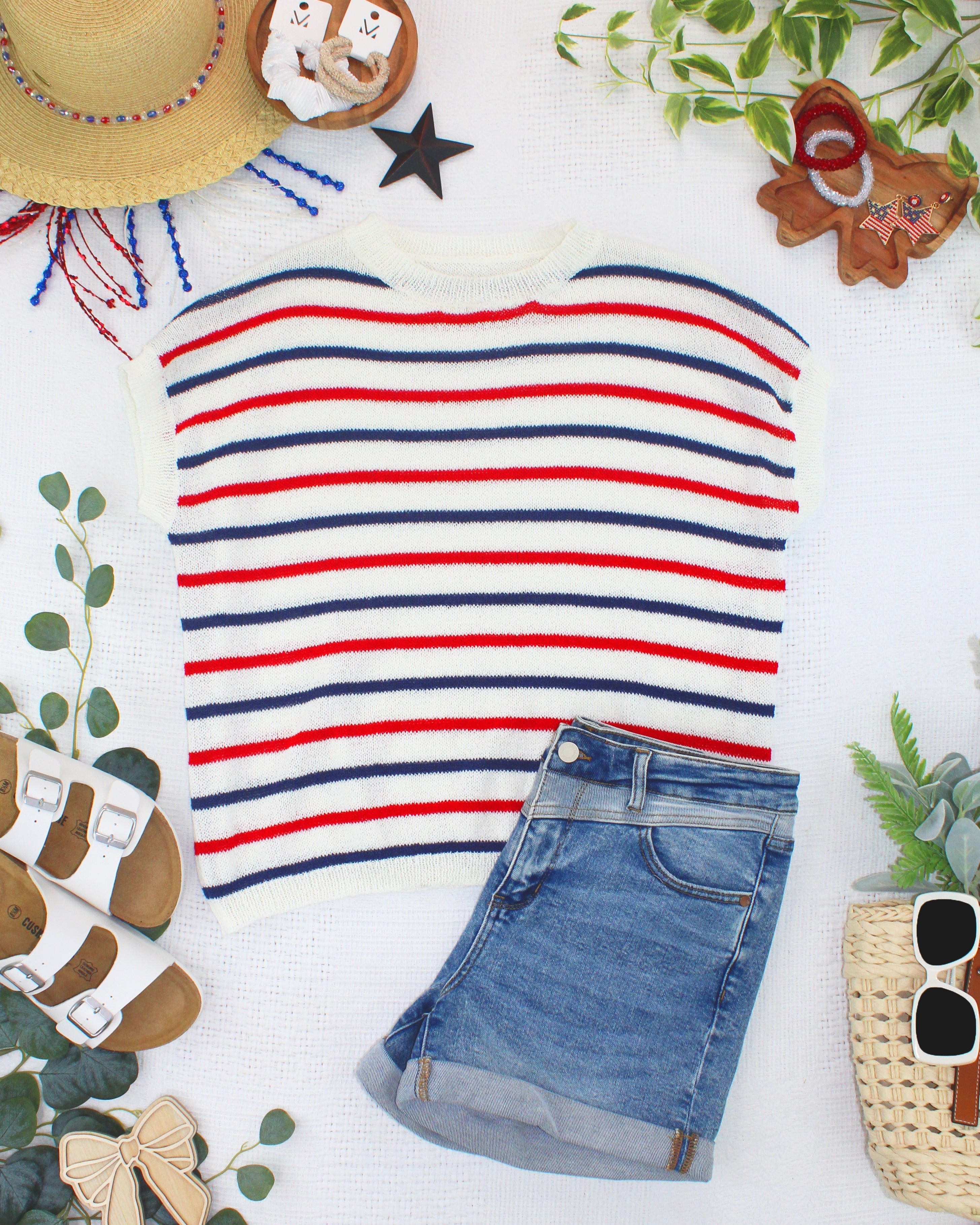 Red, White, and Blue Stripes Open Knit Top