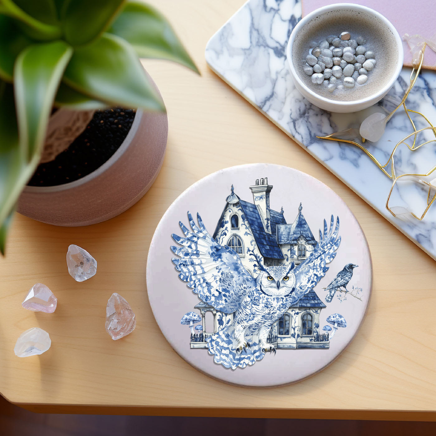 Haunted house owl coaster in classic blue and white chinoiserie style
Halloween chinoiserie coasters styled with black candles and gothic decor