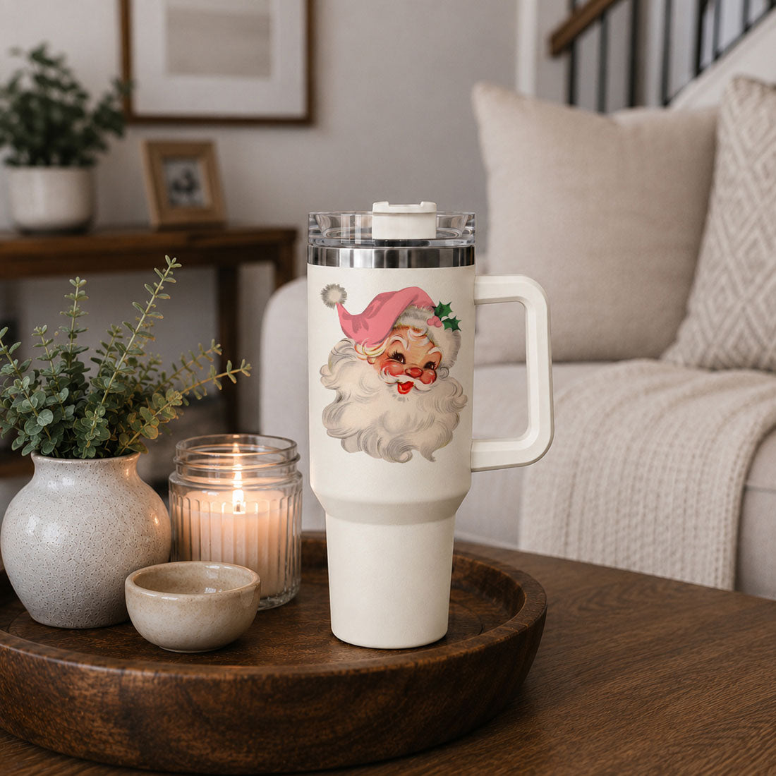 vintage Christmas tumbler in festive living room
Santa tumbler styled with pine and berries
pink Santa cup beside holiday candle
retro Santa drinkware with wreath decor
Christmas tumbler with warm holiday background
vintage Santa cup in traditional Christmas setting
pink Santa tumbler with cozy blanket background
festive Santa drinkware in winter home decor
retro Santa tumbler photographed in Christmas kitchen
vintage Santa product lifestyle image
pink Santa Christmas product photo
retro Santa tumbler style