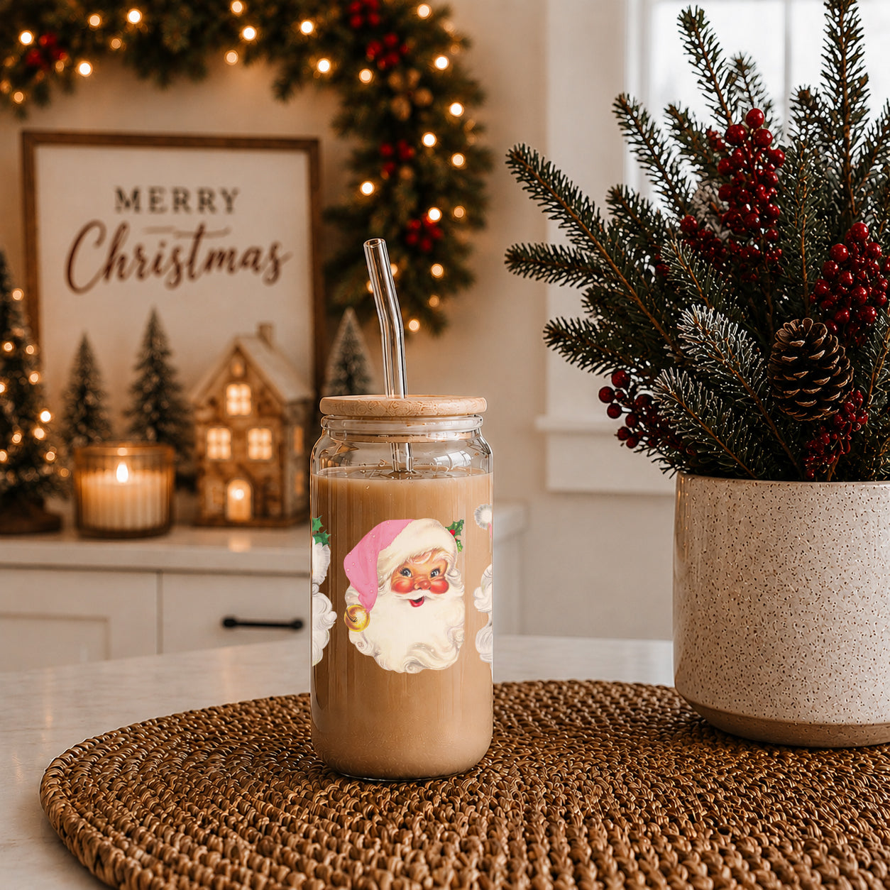 2 vintage Santa faces glass cup for Christmas
pink hat Santa holiday coffee tumbler
Christmas kitchen drinkware with vintage Santa faces
Vintage Santa Face with Pink Hat Christmas Glass CUps and tumblers.