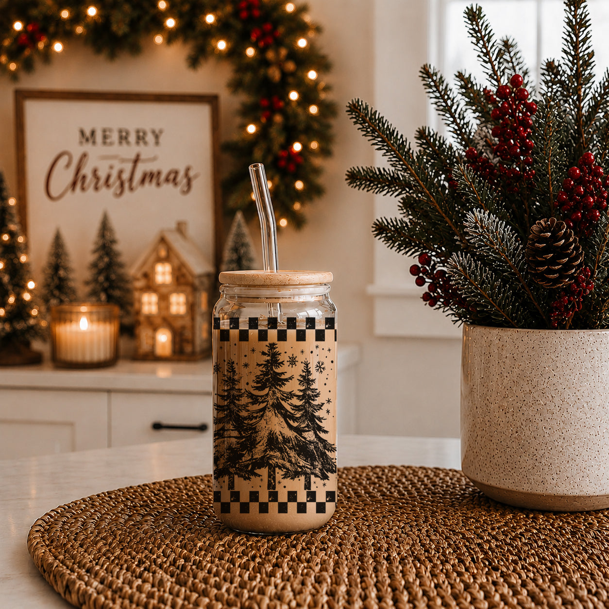Christmas retro drinkware - festive tumbler cup for holiday entertaining
Vintage Christmas glass with retro tree artwork - 17oz tumbler gift
Buffalo plaid and tree Christmas tumbler - farmhouse holiday drinkware
Christmas retro tumbler - glass cup with bamboo lid and straw