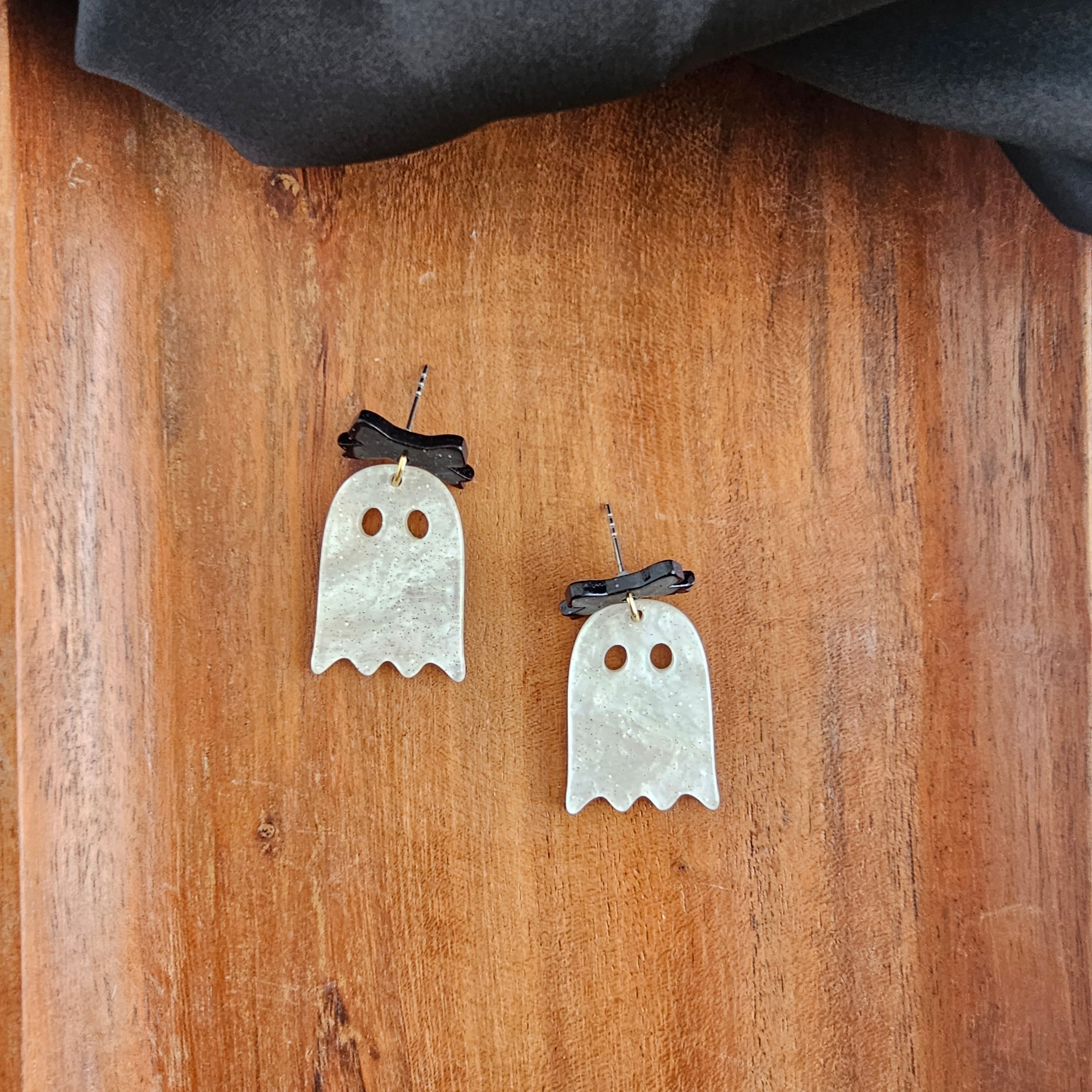 Mini Bow Ghost Earrings - White Shimmer