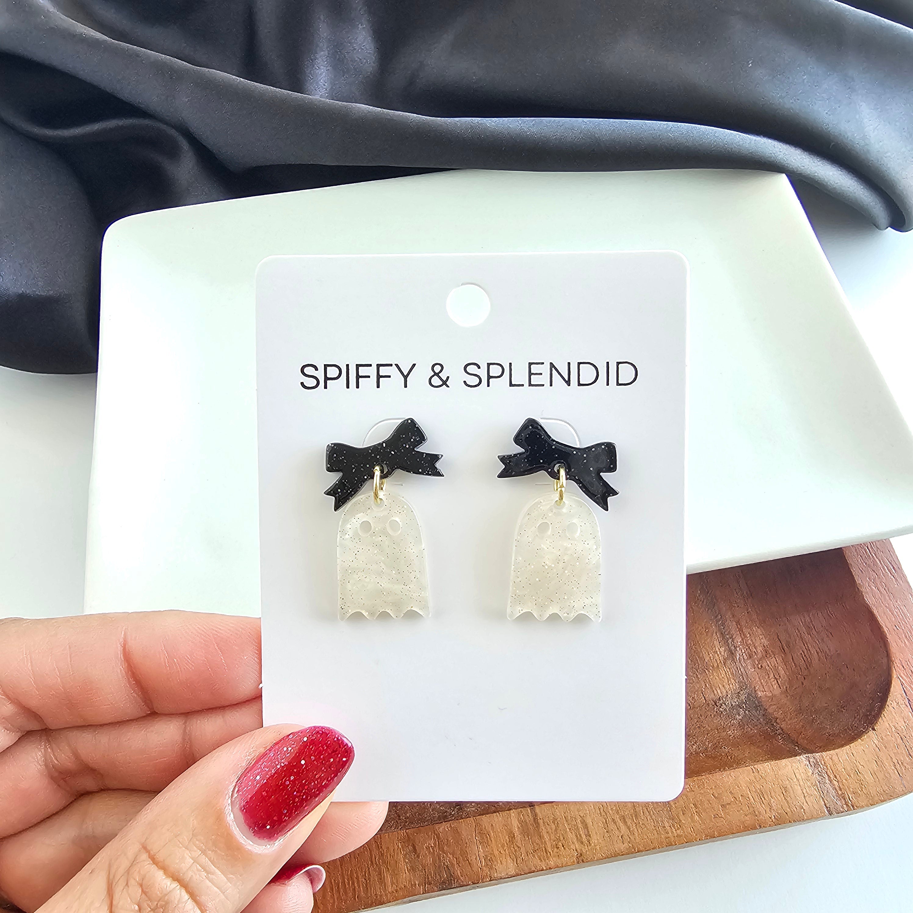 Mini Bow Ghost Earrings - White Shimmer