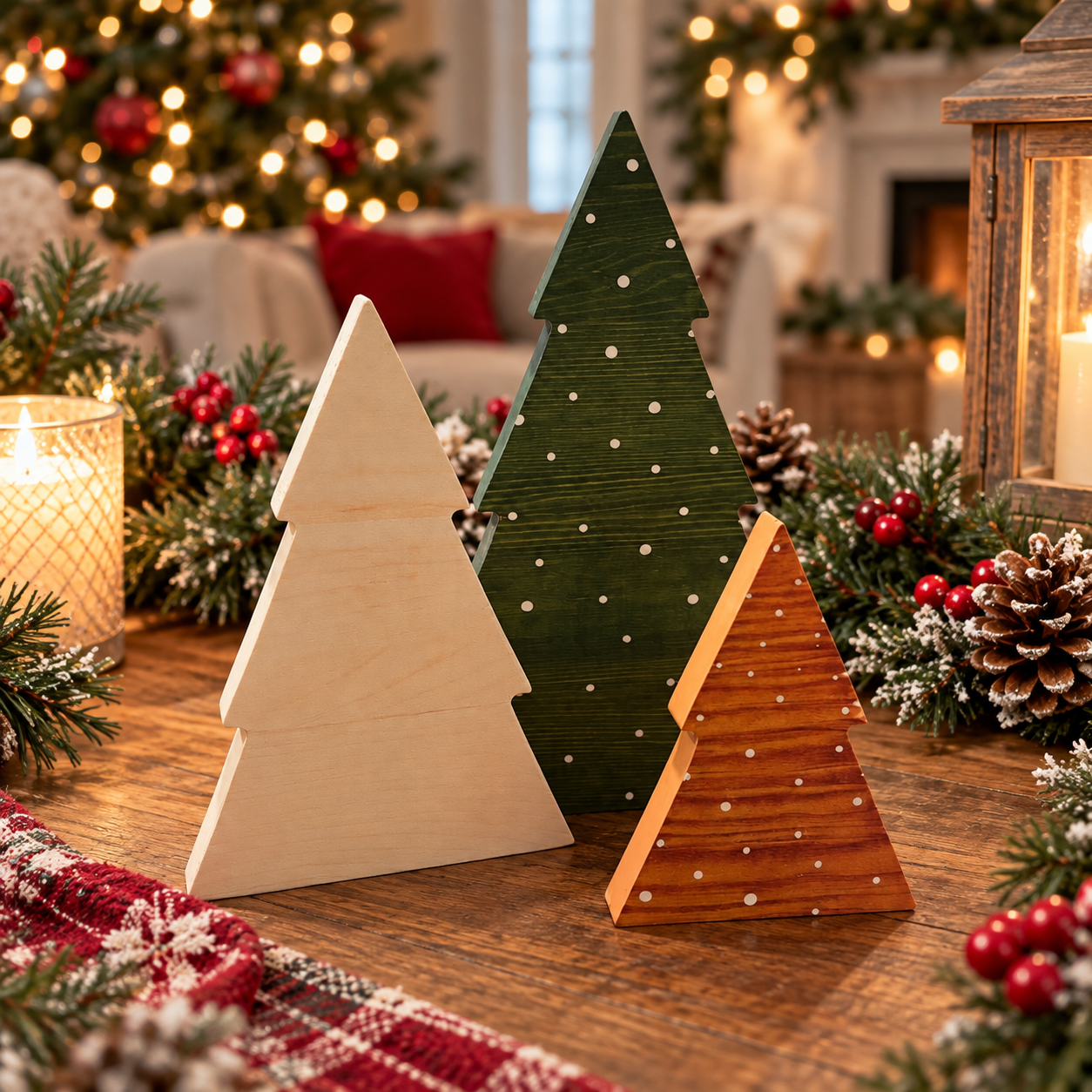 wooden Christmas trees with snow dots
rustic Christmas tree decorations with white accents
neutral wooden holiday tree set