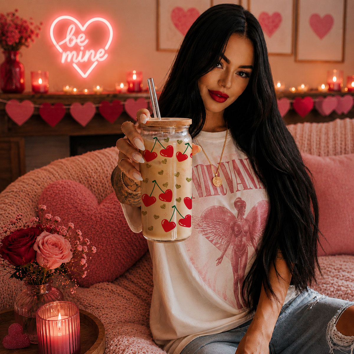 Valentines Day Coffee Mug
birthday coffee mugs
valentines tea cup
birthday mugs for her bulk
Women’s empowerment wholesale gifts with Self Love Club 20oz glass cups featuring red hearts, cherry graphics, and bamboo lids.