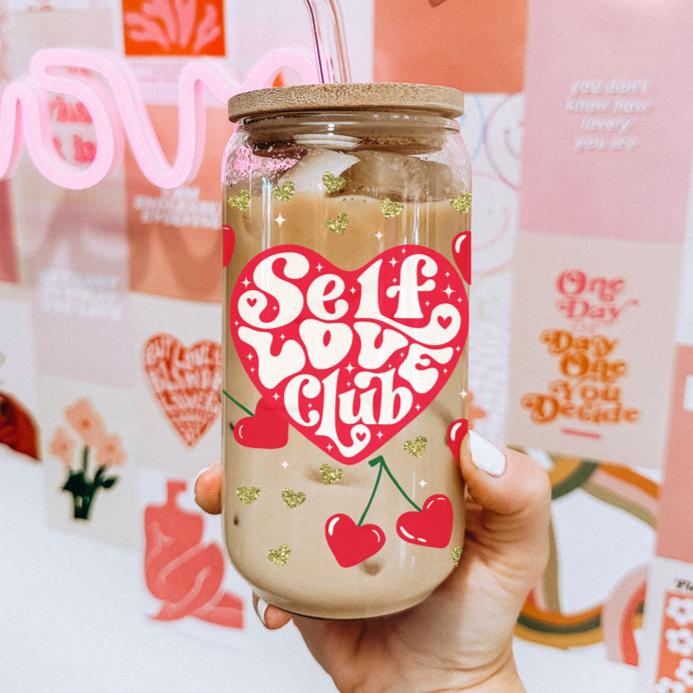 Self love club glass cup 20oz. 
20oz glass cups with bamboo lid and glass straw featuring 