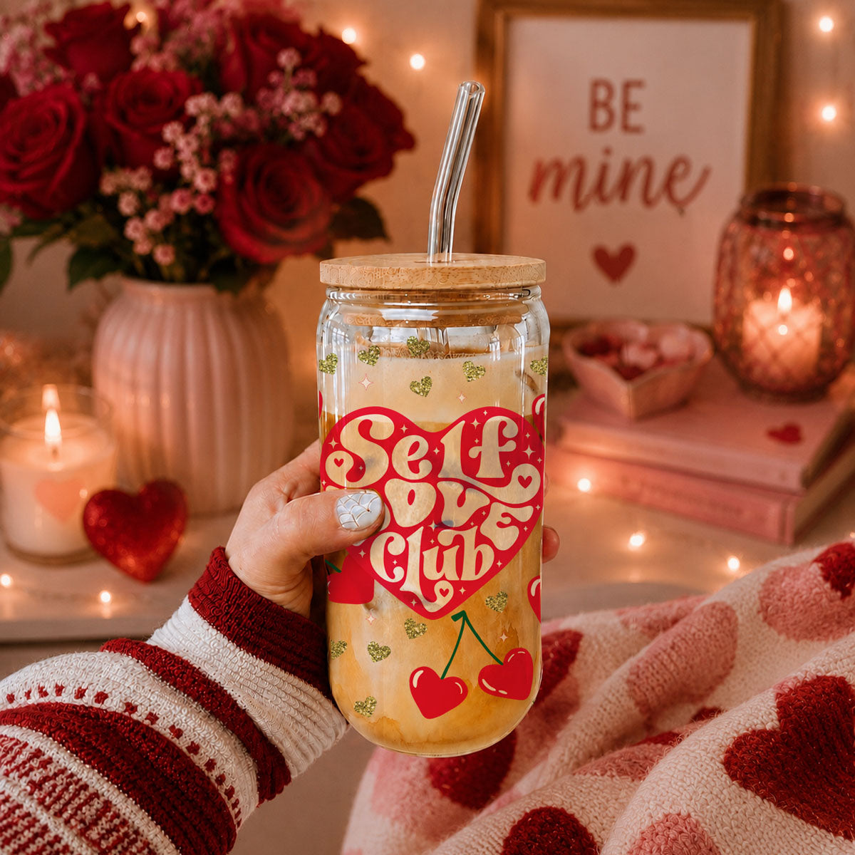 Bulk Fun 20oz glass cups with bamboo lid, glass straw, and retro "Self Love Club" design.
Stylish 20oz glass cups with bamboo lid and glass straw, featuring a red heart and cherry graphic.
Red heart and gold glitter 20oz glass cups with bamboo lid and glass straw for a trendy gift wholesale