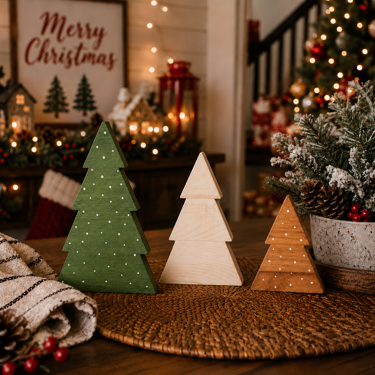 Wooden tree trio for a holiday coffee table display
Christmas kitchen décor featuring small wooden tree decorations
Wooden tabletop Christmas trees displayed on a woven placemat
Rustic holiday décor with snowy wooden evergreen trees
Wooden Christmas trees for mantel decorating
Small Christmas tree decorations for a fireplace mantel
Boxwood Christmas trees for holiday shelf décor
Freestanding wooden Christmas trees for a bookcase
Christmas tabletop decorations for a dining room