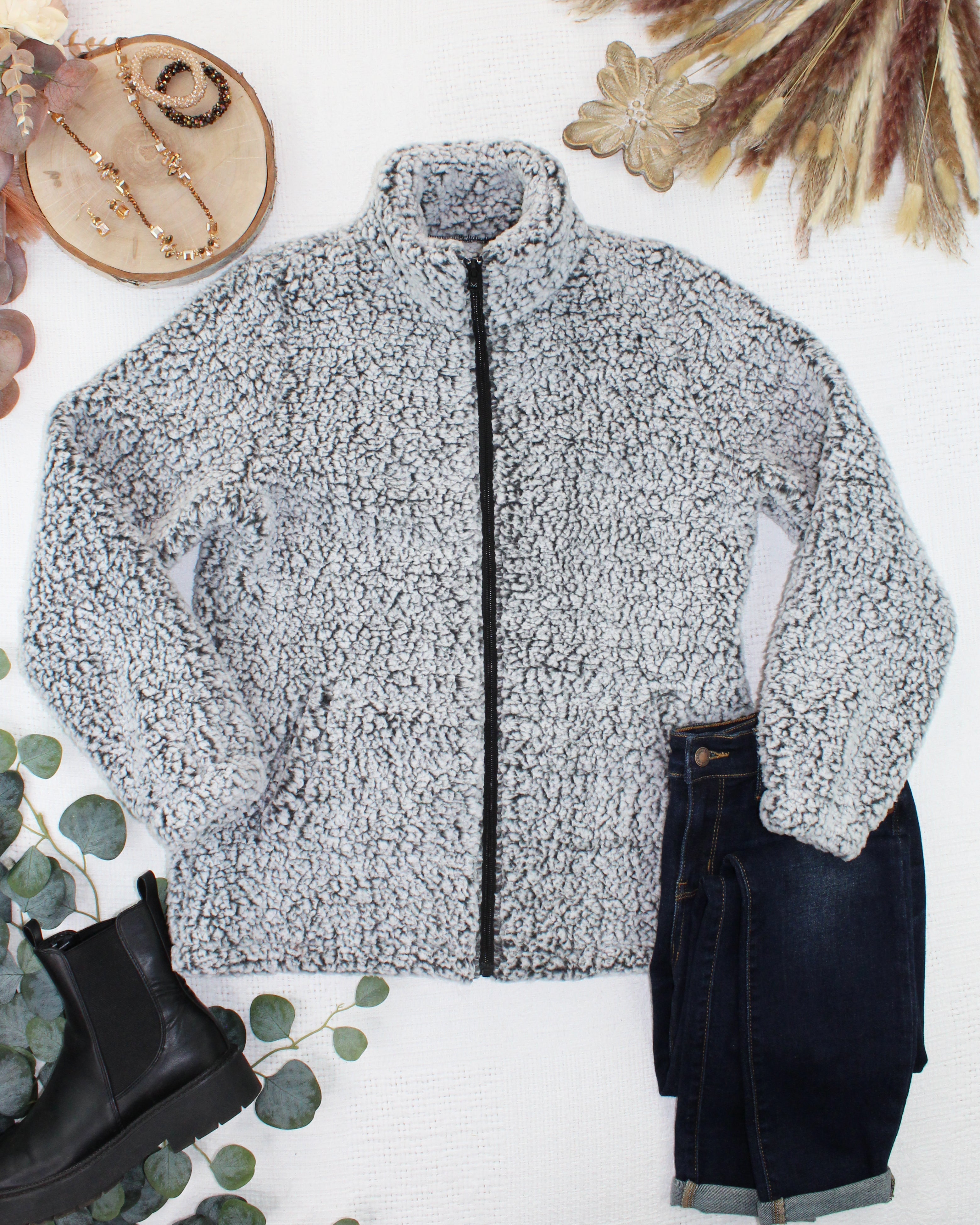 Two Tone Fullzip Sherpa - Charcoal and White