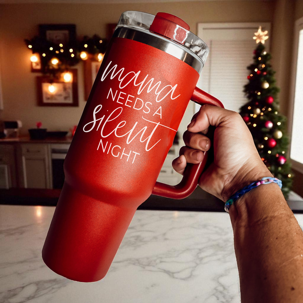 Large 40oz Christmas tumbler for tired moms
Christmas holiday drinkware for exhausted moms 40oz
Stainless steel Christmas mom tumbler 40oz mama needs a silent night saying
Holiday gift tumbler for overwhelmed moms
Christmas tumbler with mom humor quote 40oz