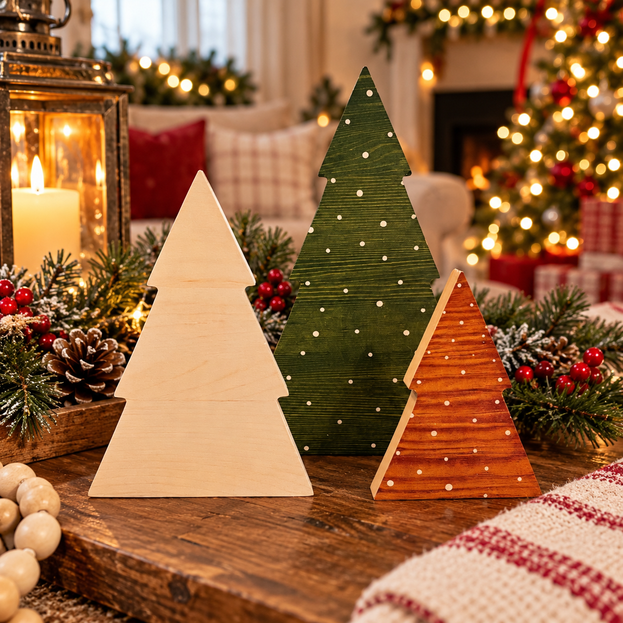 farmhouse wooden Christmas trees in cozy holiday living room
wooden tabletop Christmas trees with Christmas lights background