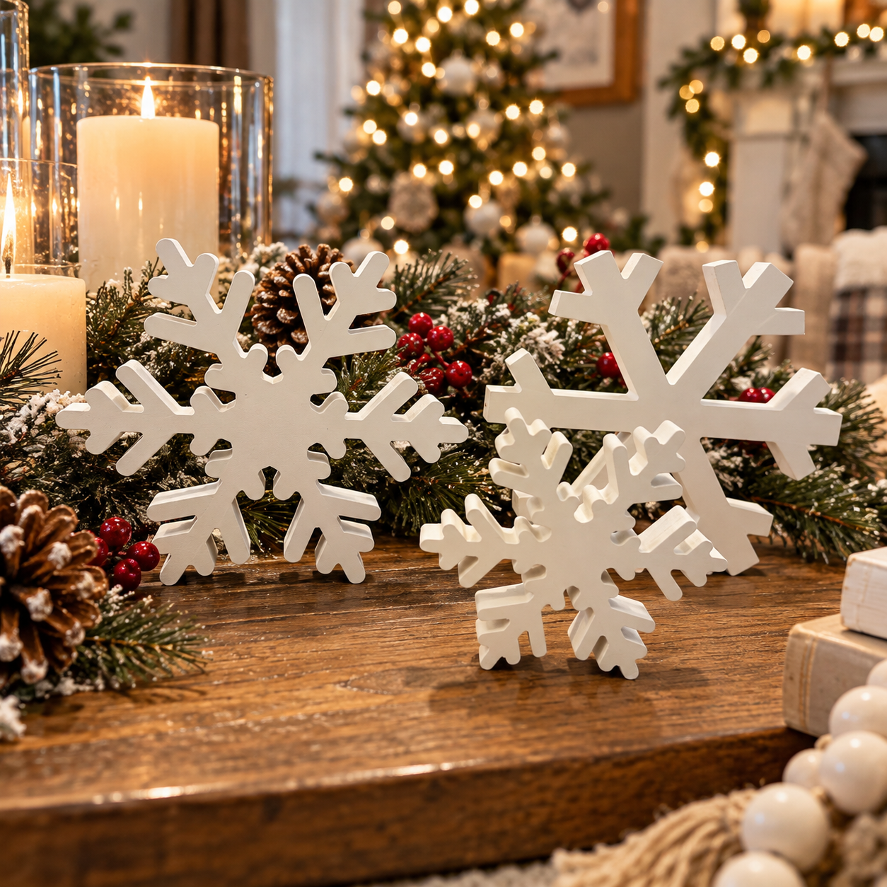 Wooden Christmas Snowflakes, White Holiday Table Decor, Farmhouse Christmas Decorations, Winter Decor