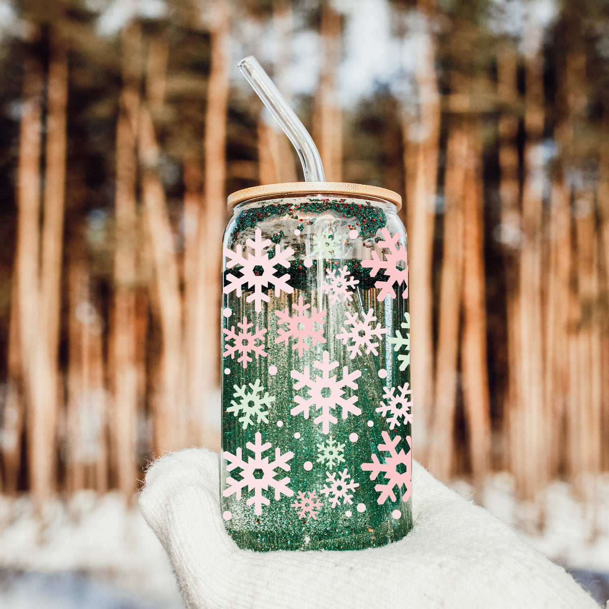 Girly Christmas tumbler - pastel pink and mint snowflake design glass
Eco-friendly Christmas tumbler - reusable pastel holiday snowflake glass
Holiday kitchen gift - pastel snowflake tumbler with bamboo lid and straw