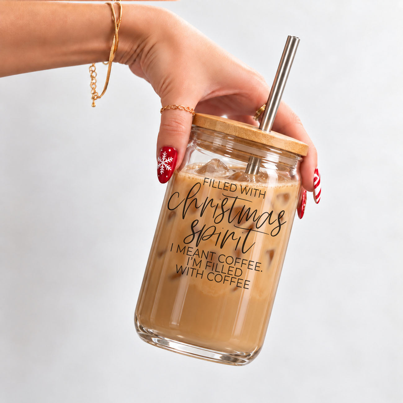 funny Christmas coffee glass tumbler with bamboo lid and metal straw
17oz Christmas glass tumbler with lid and reusable straw
filled with Christmas spirit I meant coffee glass cup