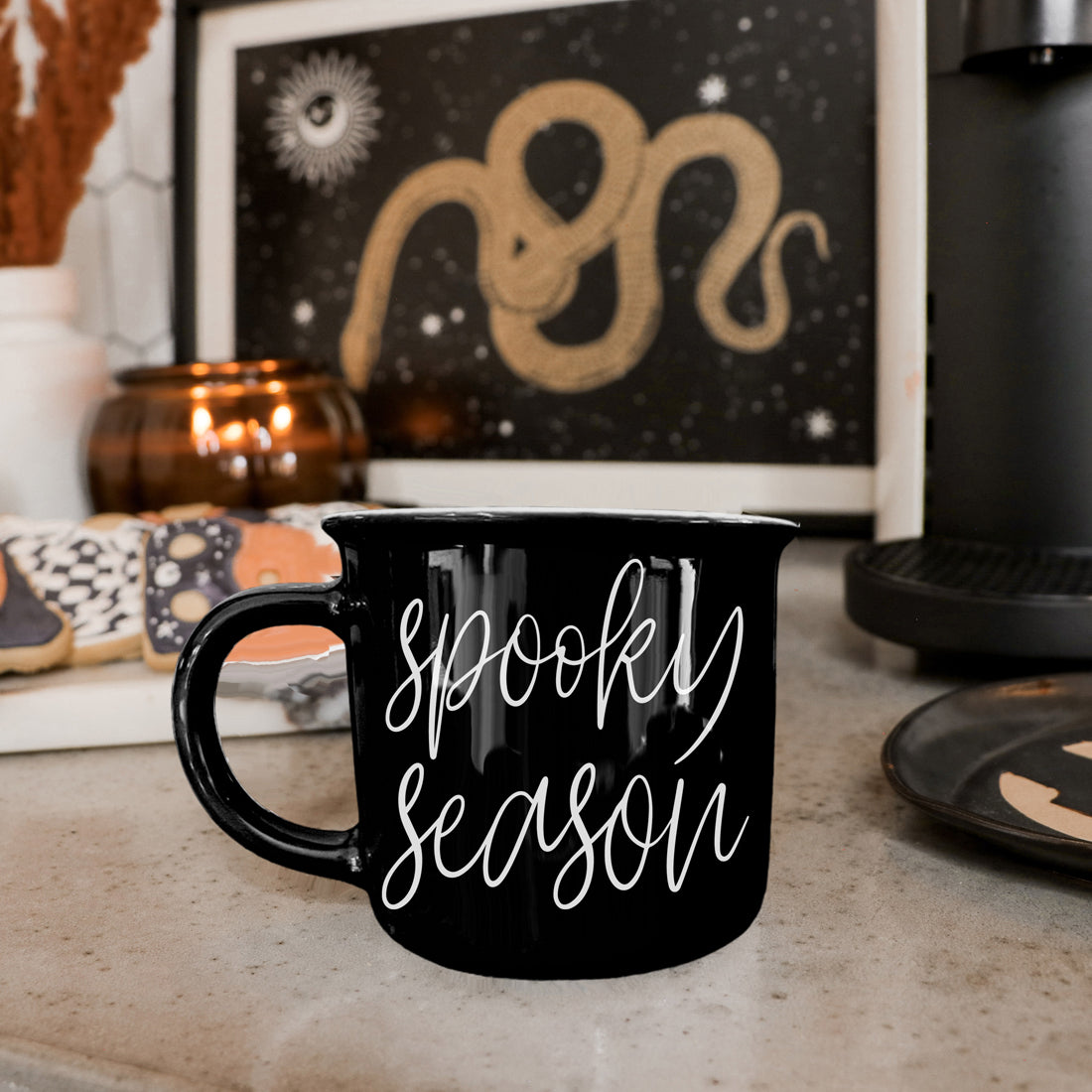 14.5oz Black Halloween Mug with White Spooky Season Text
Durable Ceramic Halloween Coffee Mug Spooky Season