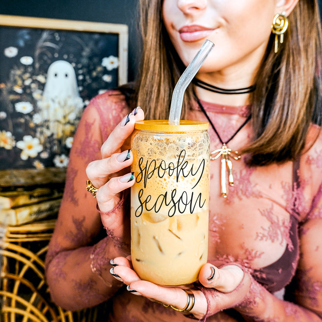 Ghost season glass coffee tumbler gift
Spooky mom essential drinking glass set