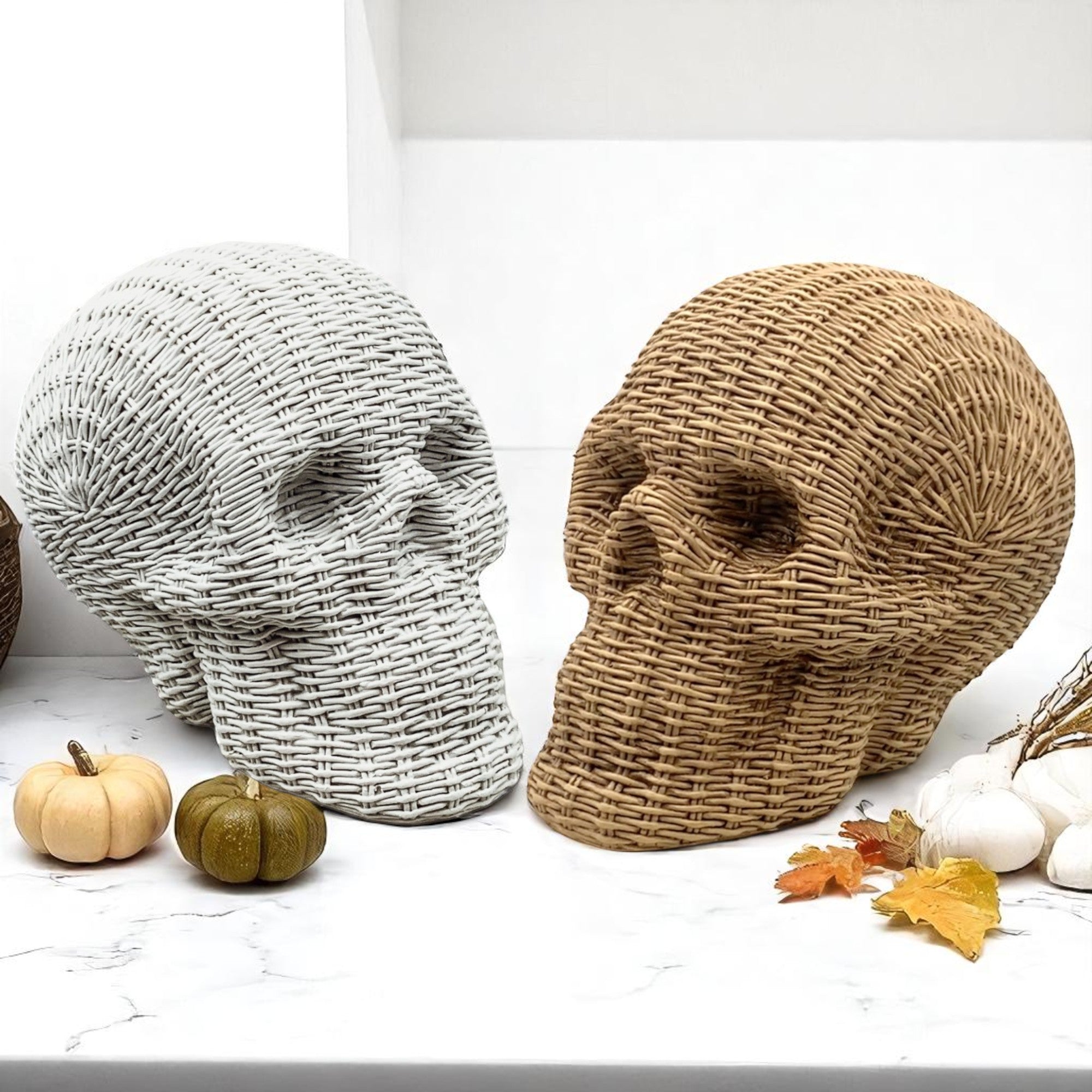 Resin skull heads rattan basketweave look neutral brown white halloween decor wicker style gothic accent durable