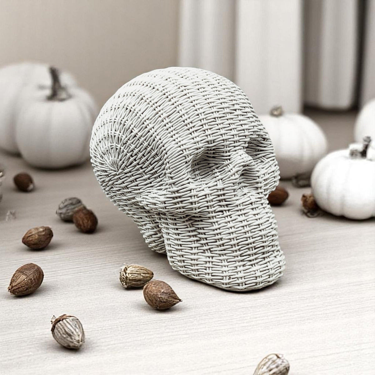 handcrafted resin skull decor rattan basketweave style neutral brown white halloween fall table accent wicker texture