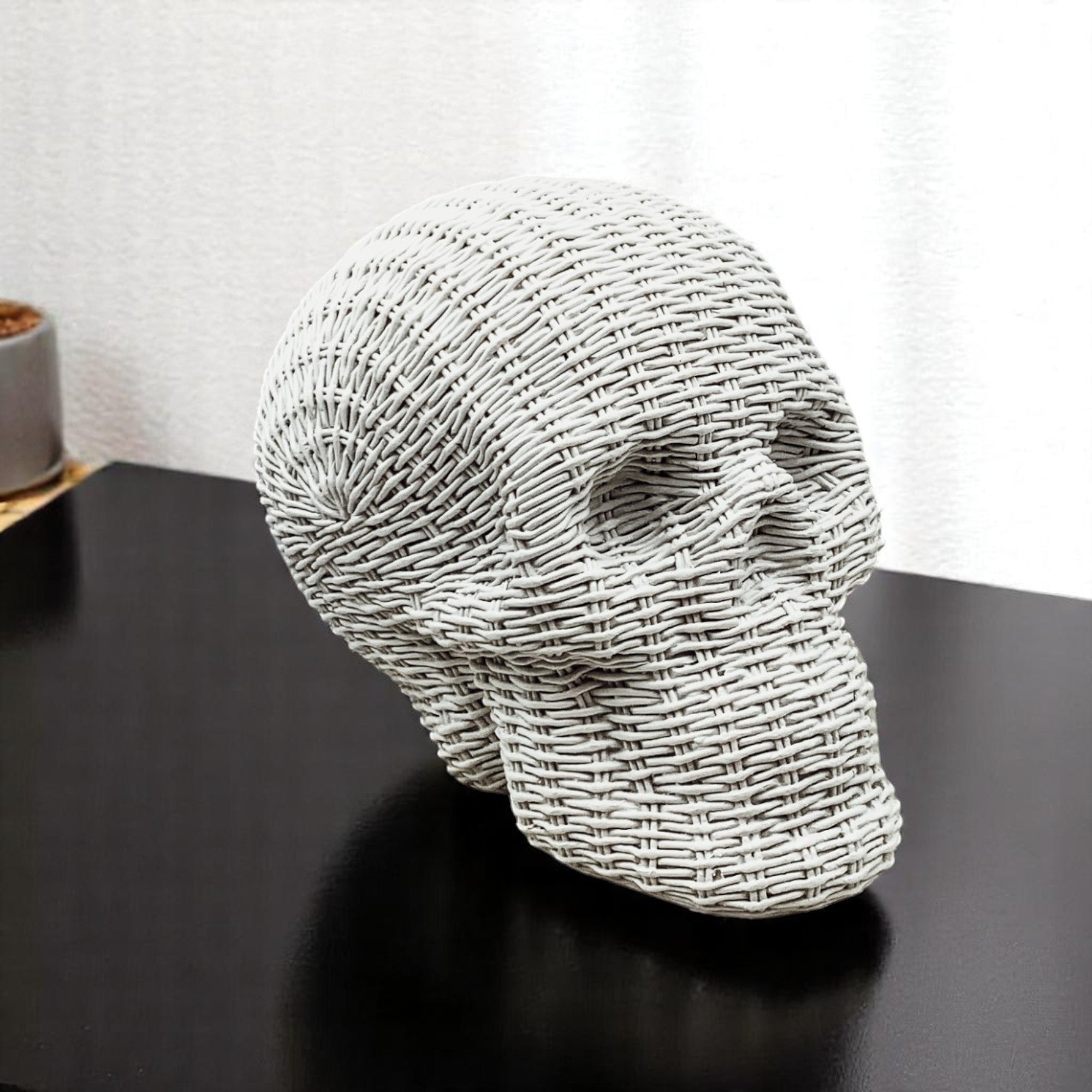White rattan skull decor basketweave resin texture halloween fall table accent wicker style neutral gothic