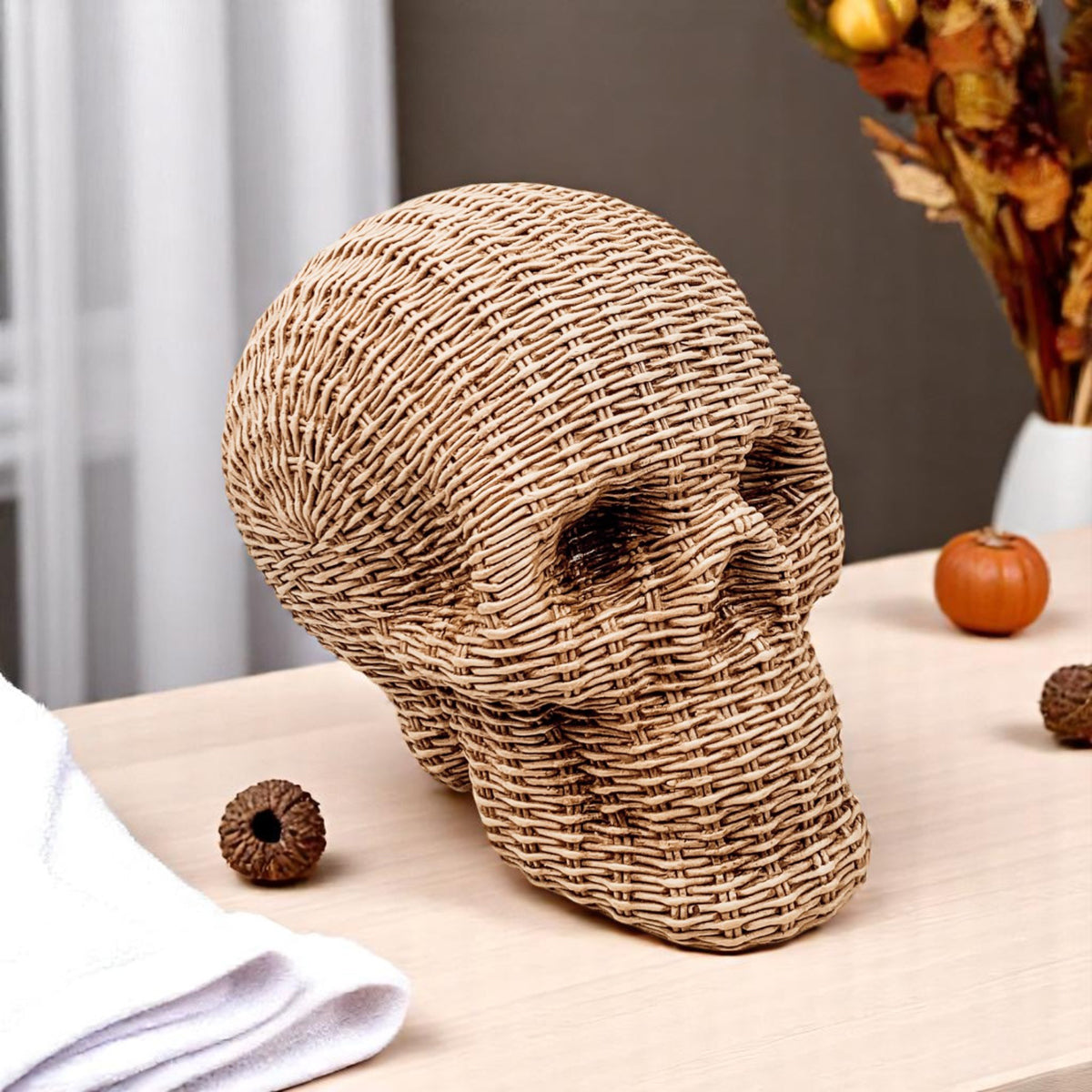 october decor skull heads rattan basketweave texture neutral brown white halloween fall table accent wicker style
luxury halloween decor skull heads rattan basketweave style neutral brown white fall gothic accent wicker texture gift
