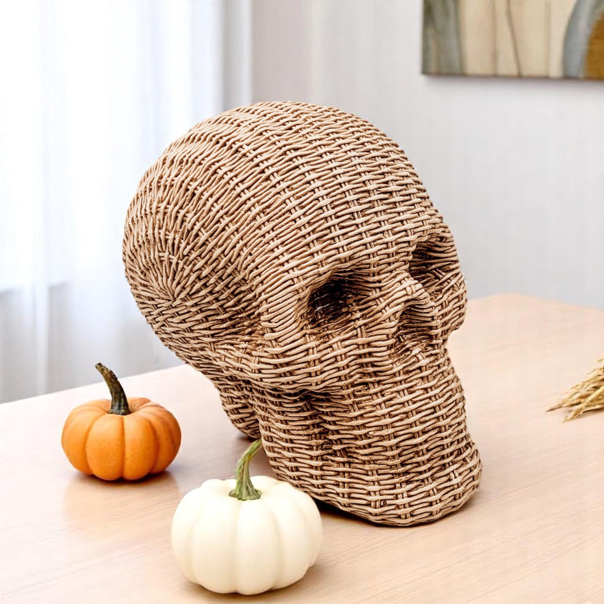 Neutral brown rattan skull decor basketweave resin texture halloween fall table accent wicker style gothic