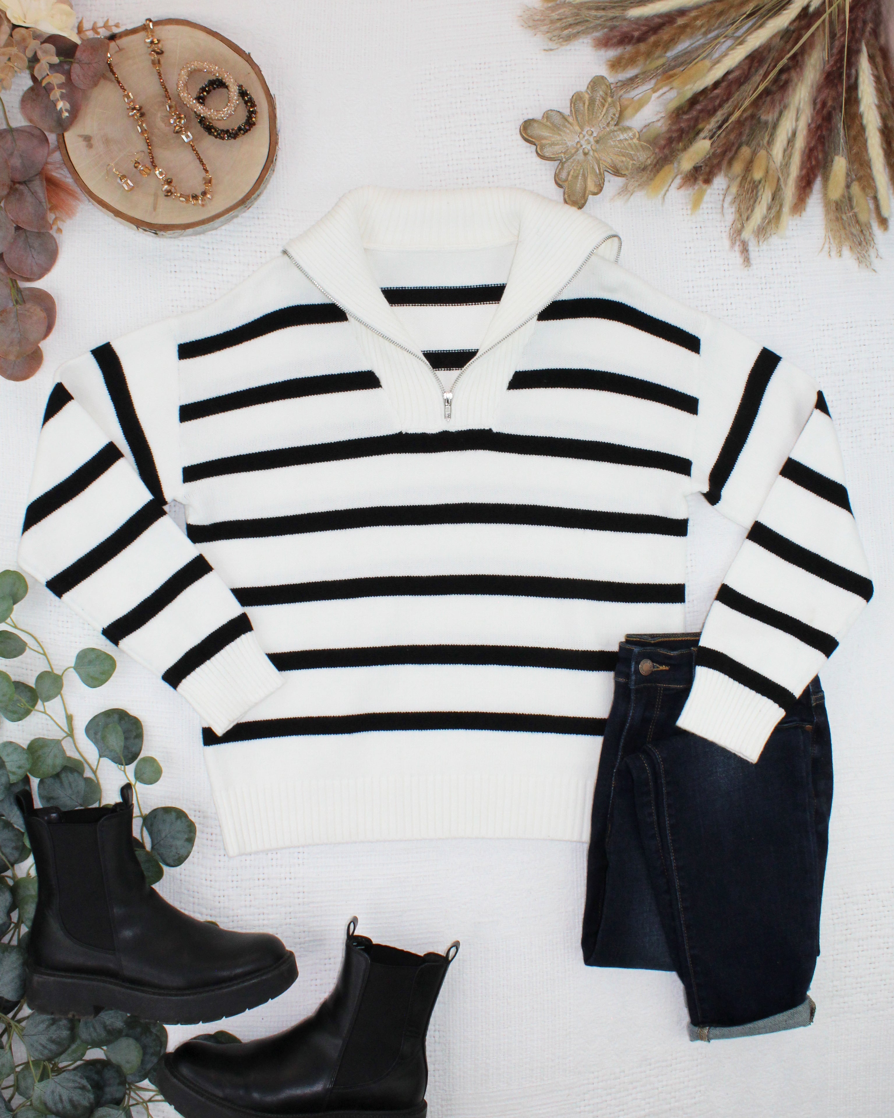 Quarter Zip Striped Pullover - Black and White