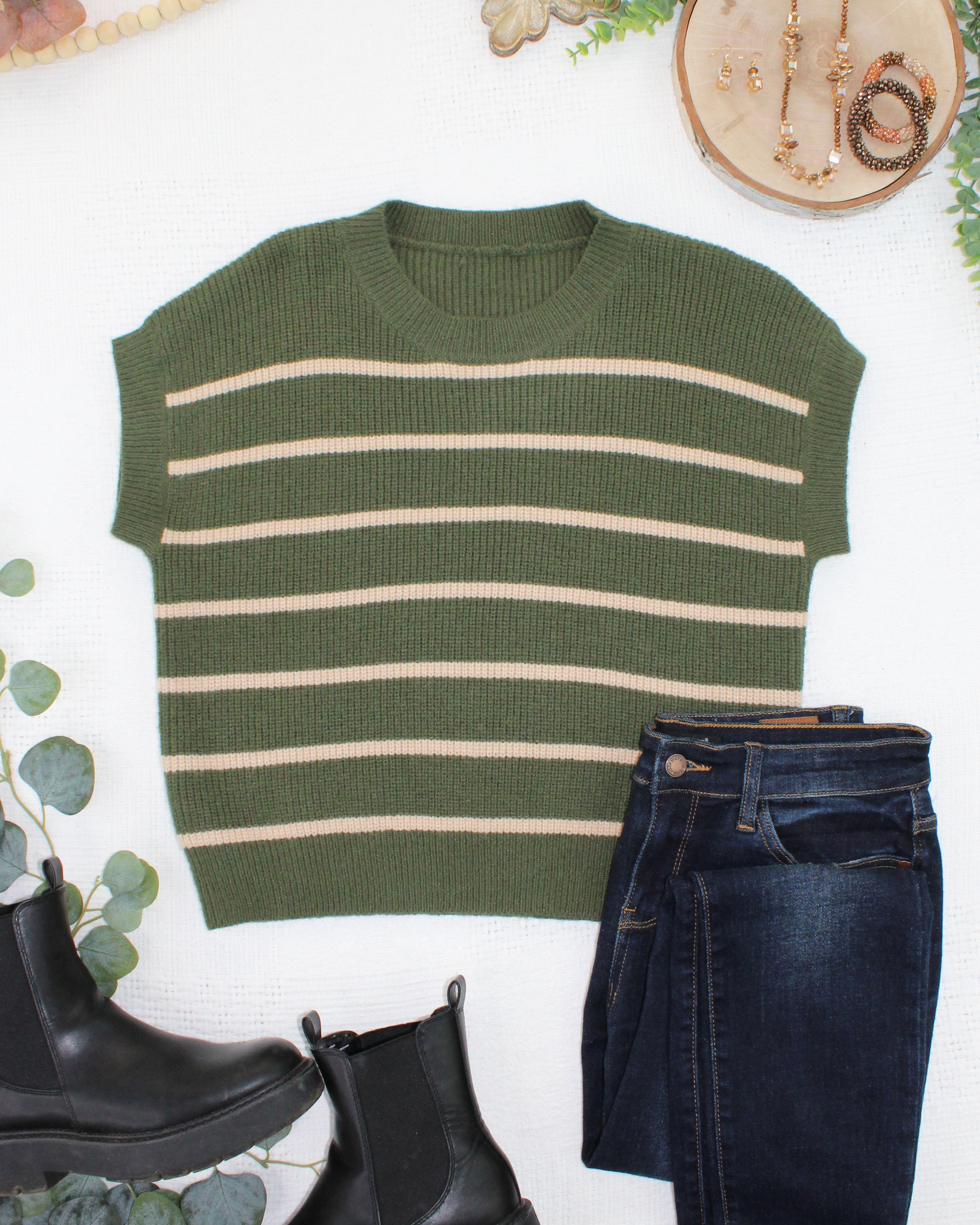 Striped Sweater Top - Olive and Tan