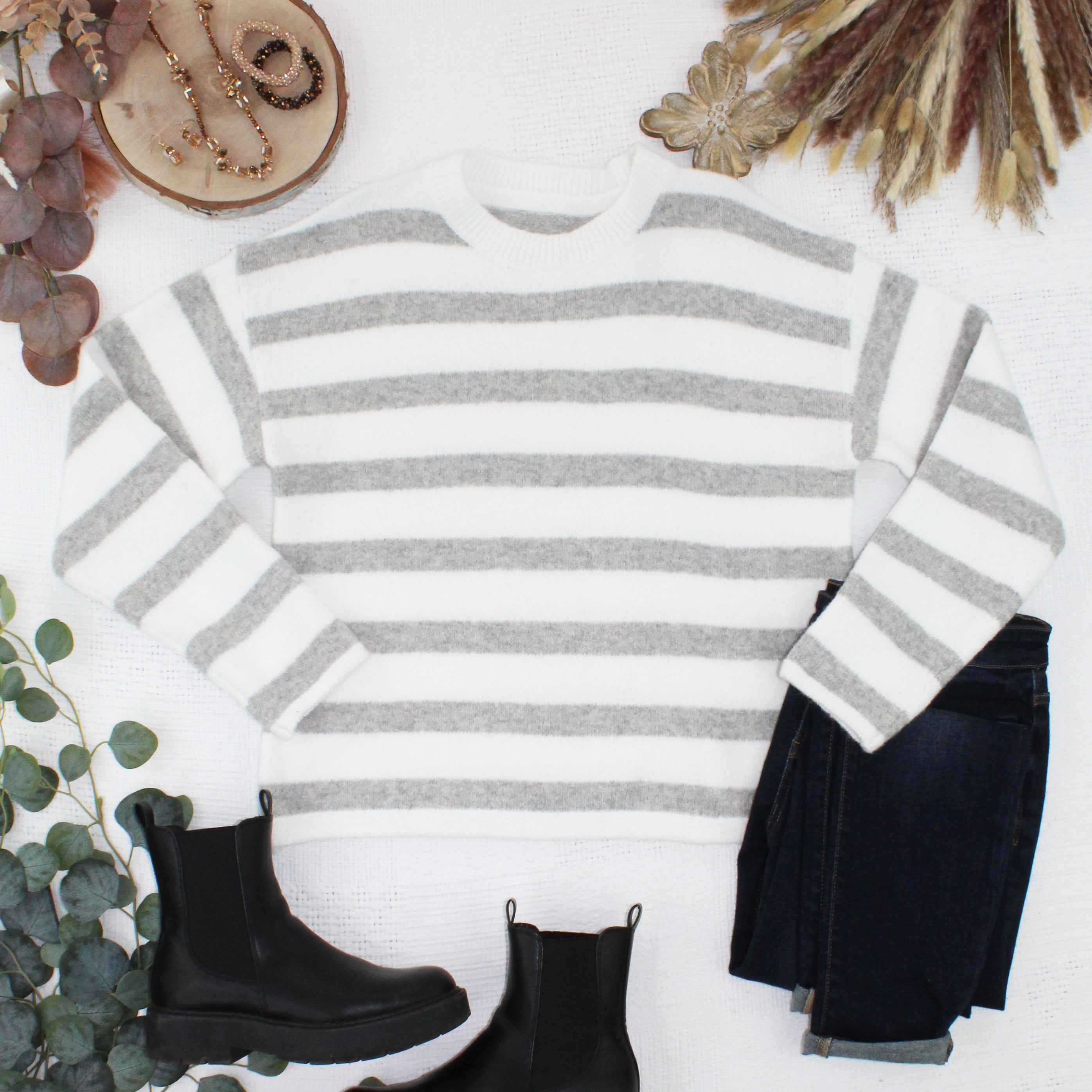 Cozy Stripe Sweater - Grey and White