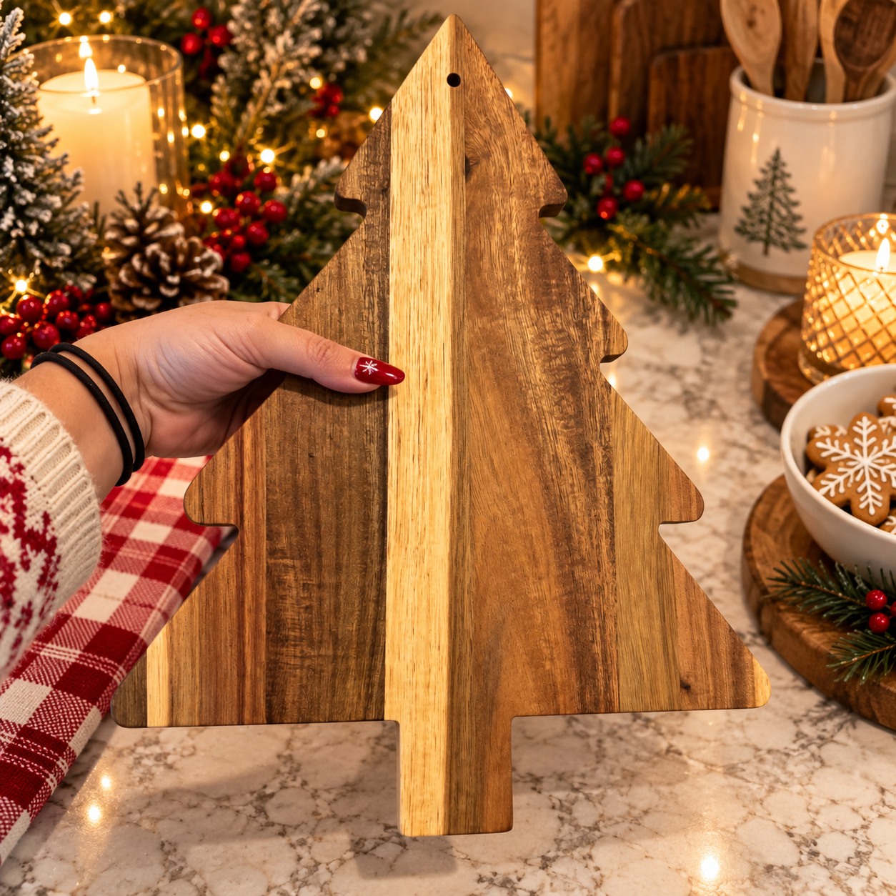 Christmas tree charcuterie board in a cozy holiday kitchen setting
Acacia wood serving board styled for Christmas entertaining
Rustic Christmas kitchen with a wooden tree-shaped serving board
Christmas tree cutting board displayed on a festive holiday table
Holiday charcuterie board surrounded by evergreen branches and lights
Wooden Christmas serving board in a warm farmhouse kitchen
Christmas tree food platter styled with rustic holiday decorations