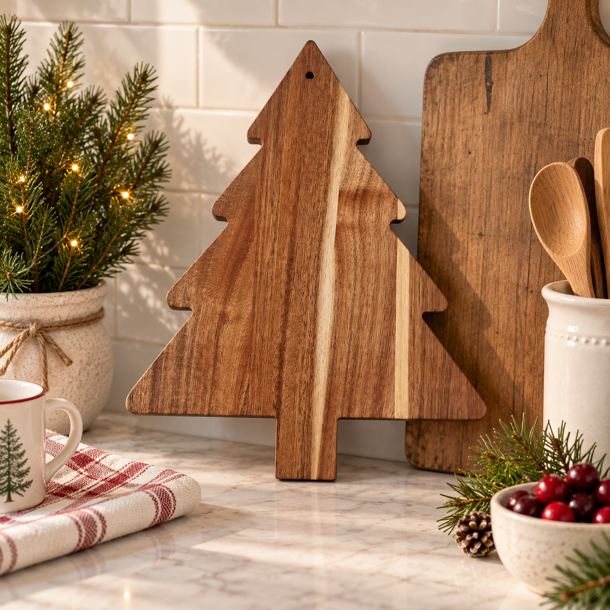 holiday snack serving board
Christmas party charcuterie board
Christmas tree appetizer board
Christmas entertaining board
wooden holiday cheese board
Acacia wood Christmas platter with rustic woodland decorations
Holiday snack board displayed on a wooden farmhouse table