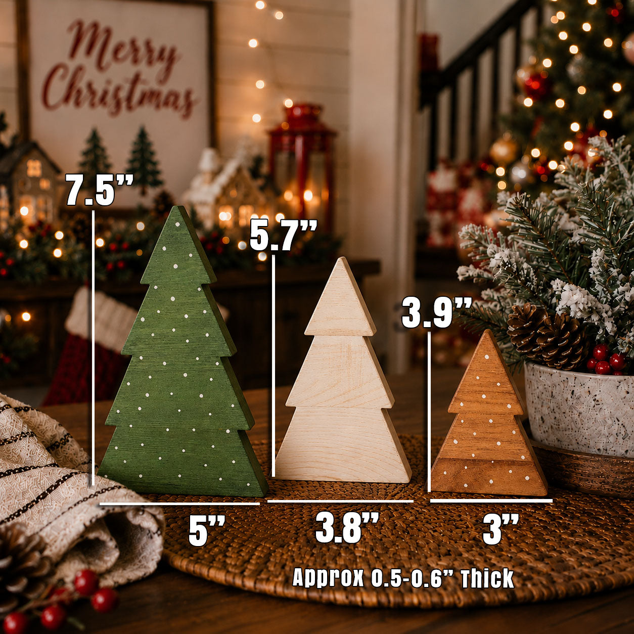 Nature-inspired Christmas decorations for a cozy home
Hand-painted farmhouse Christmas tree figurines
Warm neutral holiday décor with natural wood accents
Snowy wooden tree decorations for winter home décor
Timeless wooden Christmas decorations for seasonal styling
Holiday gift for a Scandinavian décor lover
Christmas gift for a cottage-style home
Decorative wooden tree trio for a seasonal hostess present
Unique Christmas home décor gift set