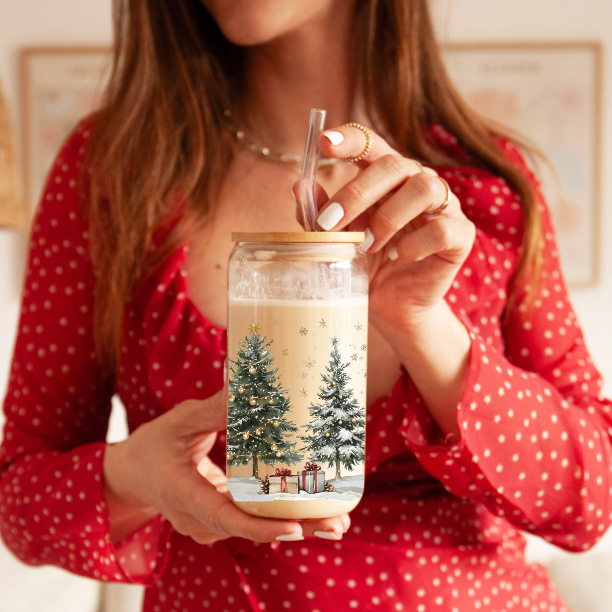 Christmas coffee gifts glass tumbler 17oz - Winter tree holiday drinkware bamboo lid - Festive kitchen accessories
Holiday drinkware glass cup 17oz - Christmas tree winter scene tumbler bamboo lid - Festive coffee gift with straw