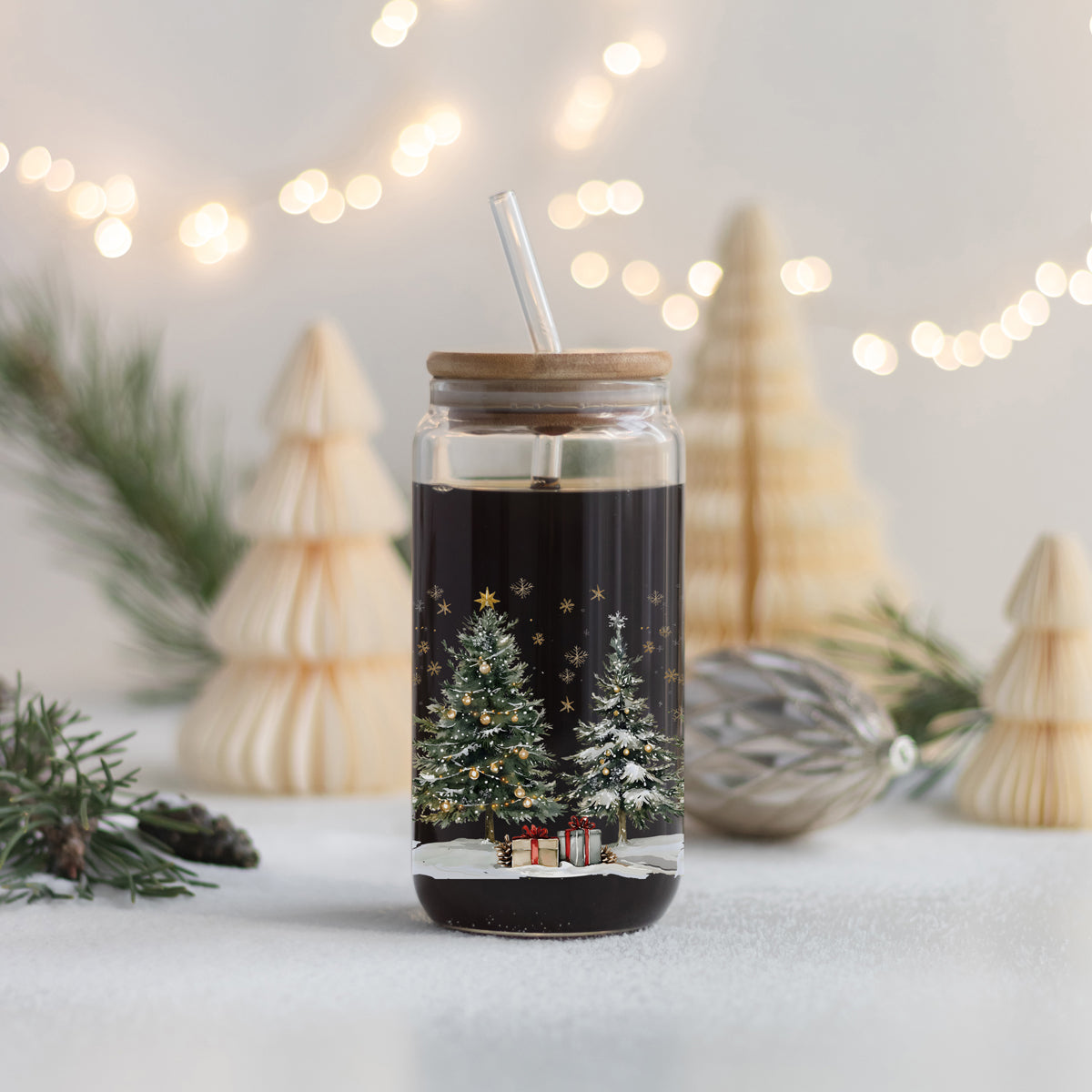 Christmas kitchen essentials - festive reusable glass tumbler cup
17oz holiday glass tumbler - Christmas themed gift for moms and friends
Christmas drinkware gift - reusable tumbler with bamboo lid and straw
