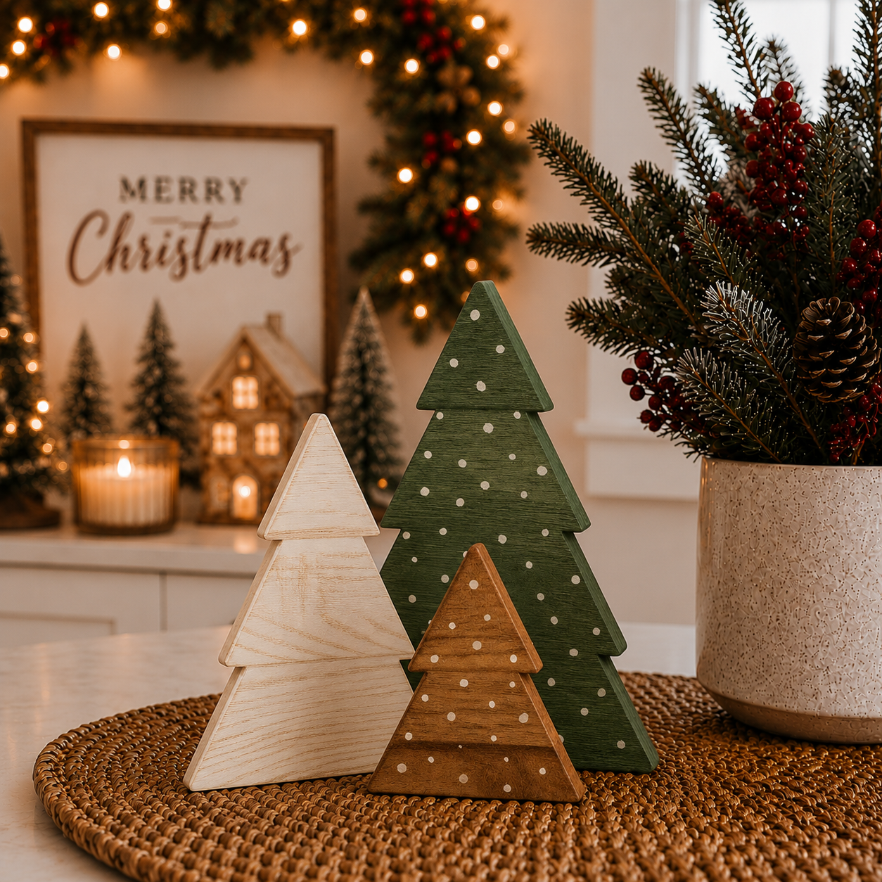Wooden Christmas tree decorations in a cozy holiday living room
Rustic Christmas tabletop décor with three wooden trees
Boxwood Christmas trees displayed in a festive home
Farmhouse Christmas decorations for a mantel or shelf
Wooden tree figurines styled with Christmas greenery and lights
Christmas shelf décor featuring green white and natural wood trees
Rustic wooden Christmas decorations for a cozy home