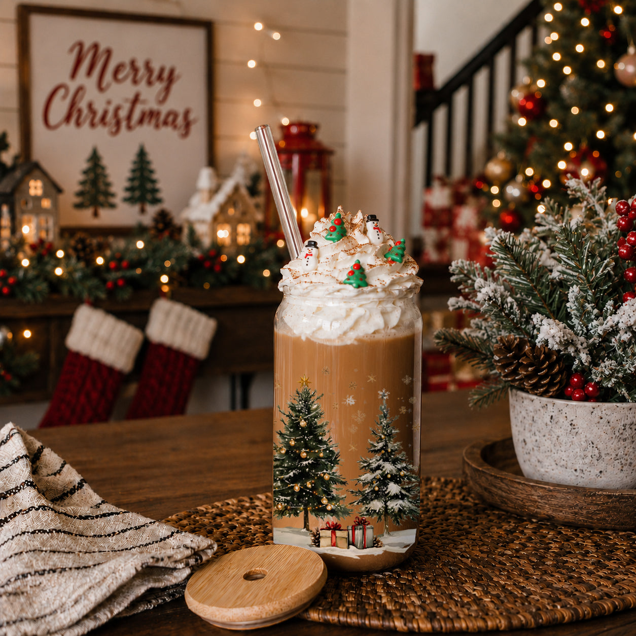 Holiday season drink cup - Christmas glass tumbler with bamboo lid
Holiday drinkware gift - reusable glass tumbler with winter wonderland theme
Christmas party glass cup - decorated Christmas trees with snow design
Festive tumbler with bamboo lid - holiday gift for coffee or tea lovers