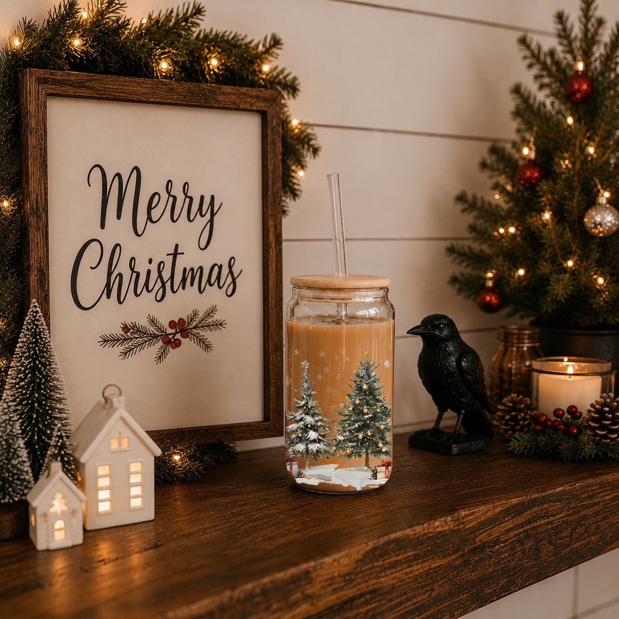 Unique Christmas coffee gift – 17oz glass tumbler with winter wonderland wrap
Seasonal Christmas kitchen decor - holiday tumbler cup with winter scene
Christmas glass tumbler gift idea - snowy tree design with bamboo lid