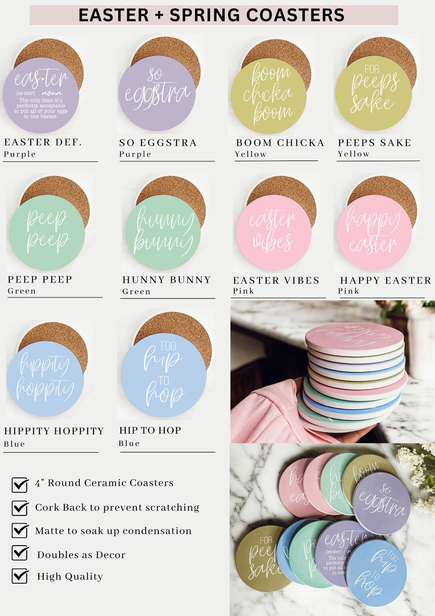 Pink Easter decor
Pastel home accessories
Modern Easter decor
Funny Easter sayings
Easter puns decor
Easter entertaining essentials
Hippity hoppity coasters
Bunny themed coasters