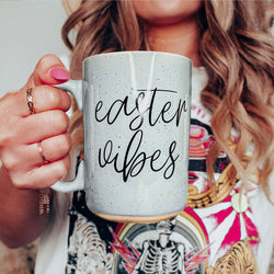 sixteen ounce easter mug
microwave safe spring cup
dishwasher safe easter mug
double sided coffee cup
speckled ceramic mug