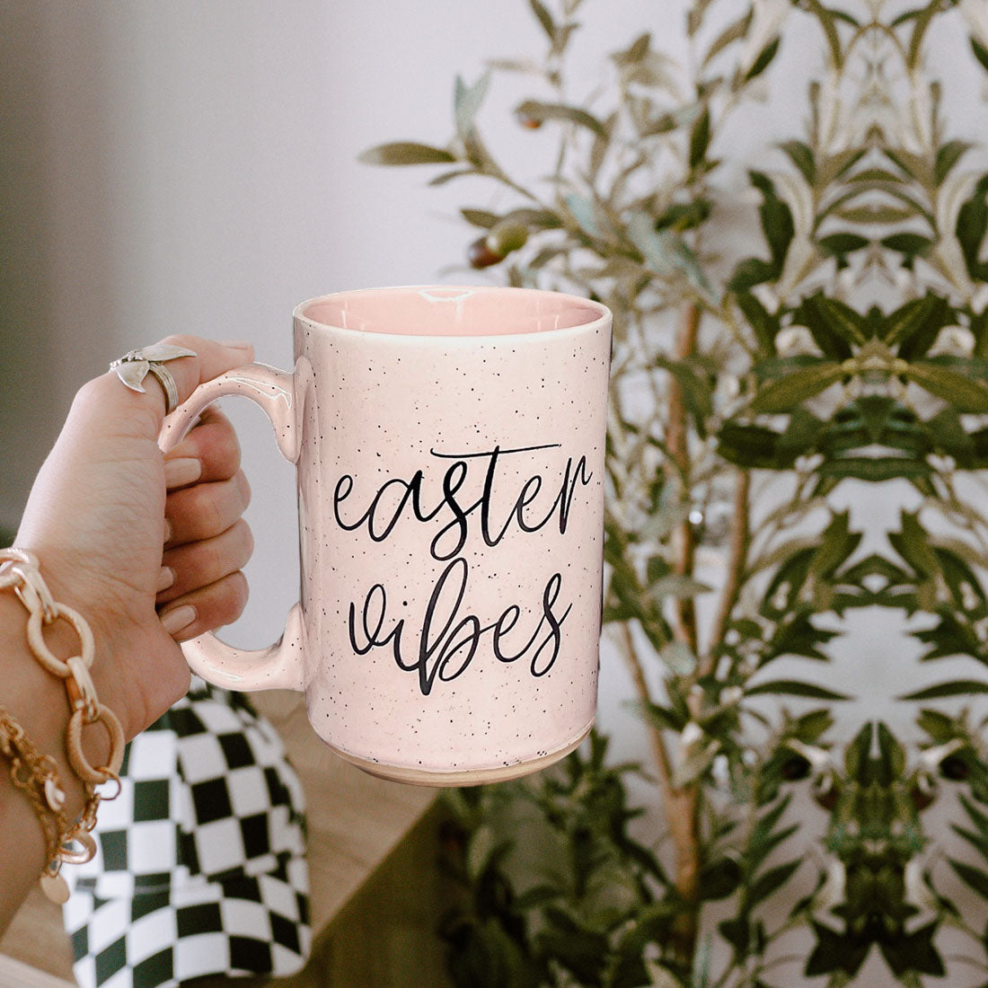 spring morning coffee
easter mood decor
speckled easter mug
pastel coffee cup
modern easter typography