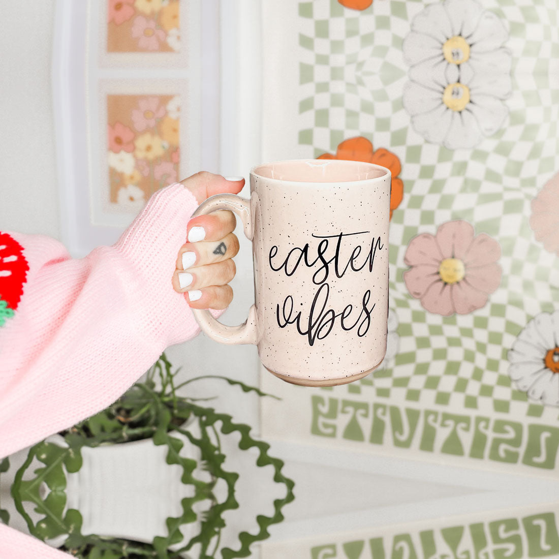 minimalist spring mug
speckled finish coffee cup
modern easter text mug
spring typography design
easter aesthetic cup