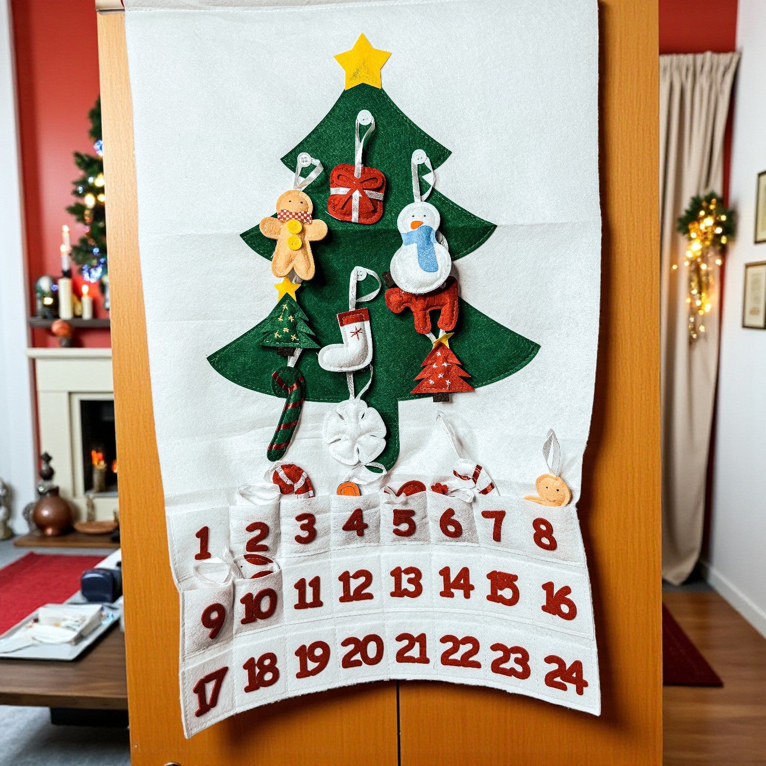 Advent calendar with plush ornaments in pockets
optional handmade ornaments Advent calendar
felt Christmas tree decorated with ornaments
Christmas tree Advent calendar decorated
Christmas countdown tree with plush ornaments
handmade ornaments hanging on felt tree
Advent calendar Christmas tree ornament display
interactive Christmas tree calendar decorated
handmade felt Advent calendar with ornaments
Christmas Advent calendar before decorating
Christmas Advent calendar after decorating
empty Christmas tree A