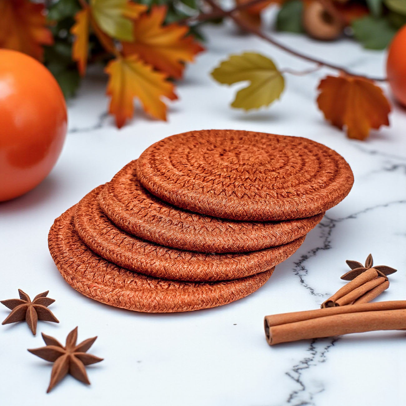 Fall themed braided rope coasters gift set home entertaining accessories
Autumn braided rope coasters neutral palette gift ready with tags