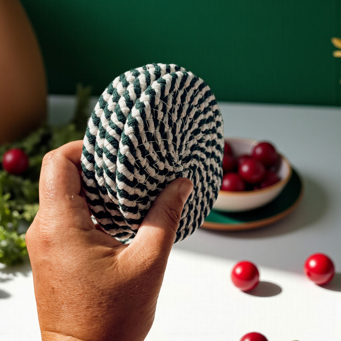candy cane coaster set of 4 red and green Christmas colors
holiday coasters gift set red and green candy stripe fabric