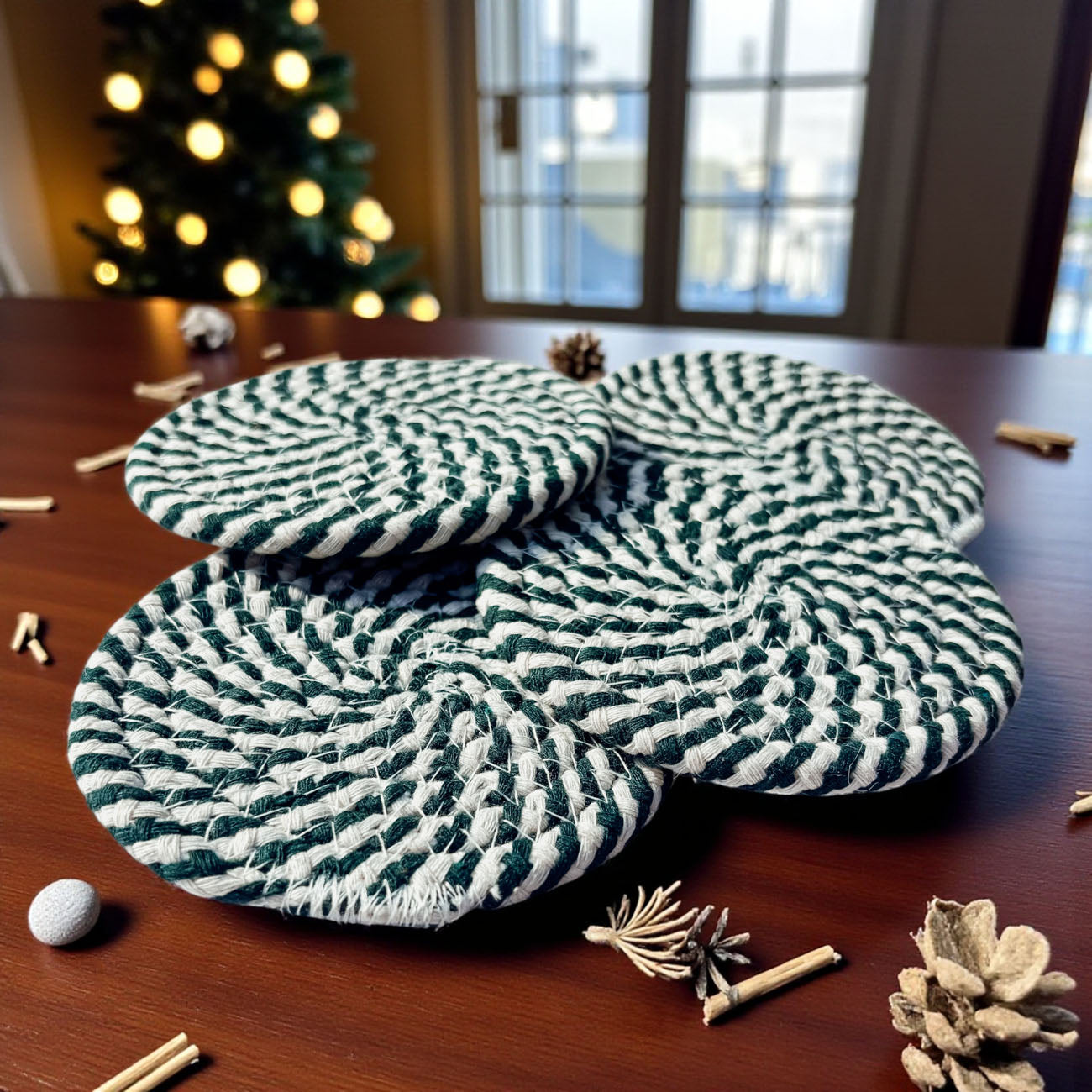 Festive candy cane coasters Christmas joy holiday home decor
Cheerful holiday candy cane coasters Christmas spirit braided rope
Whimsical Christmas candy cane coasters holiday fun accessories