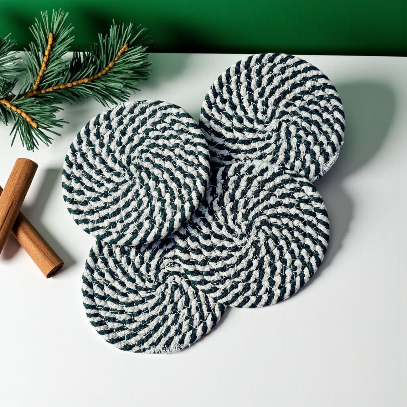 Artisan Christmas coasters candy cane design holiday gift set
Premium candy cane coasters Christmas holiday home decor braided
Designer holiday coasters candy cane striped Christmas accessories